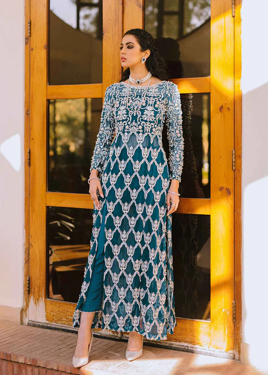 Teal Blue Embroidered Chiffon Long Shirt