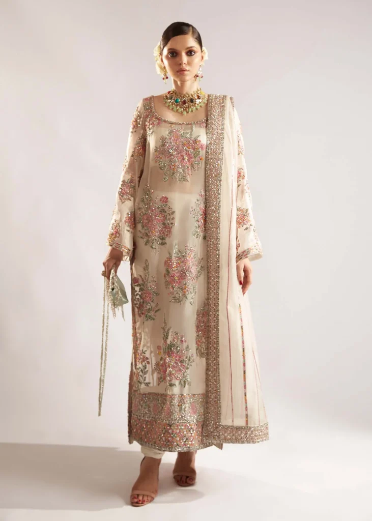 Hussain Rehar Ivory Embroidered Chiffon Party Wear Suit - Model Front Look | Pakistani Designer Replica Wholesale | IQNAZ