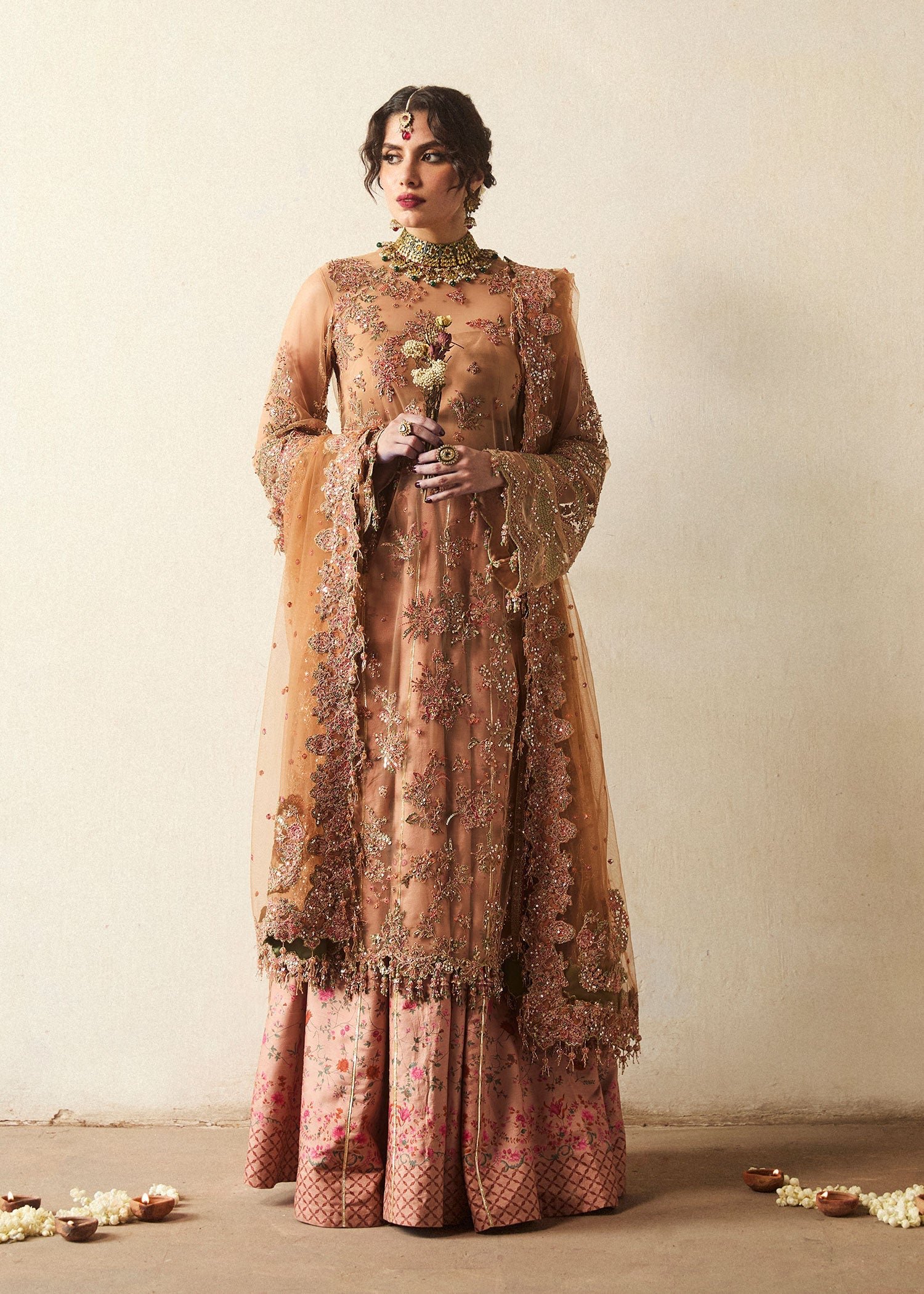 Hussain Rehar Ratila Embroidered Organza Party Wear Suit - Model Front Look | Pakistani Designer Replica Wholesale | IQNAZ