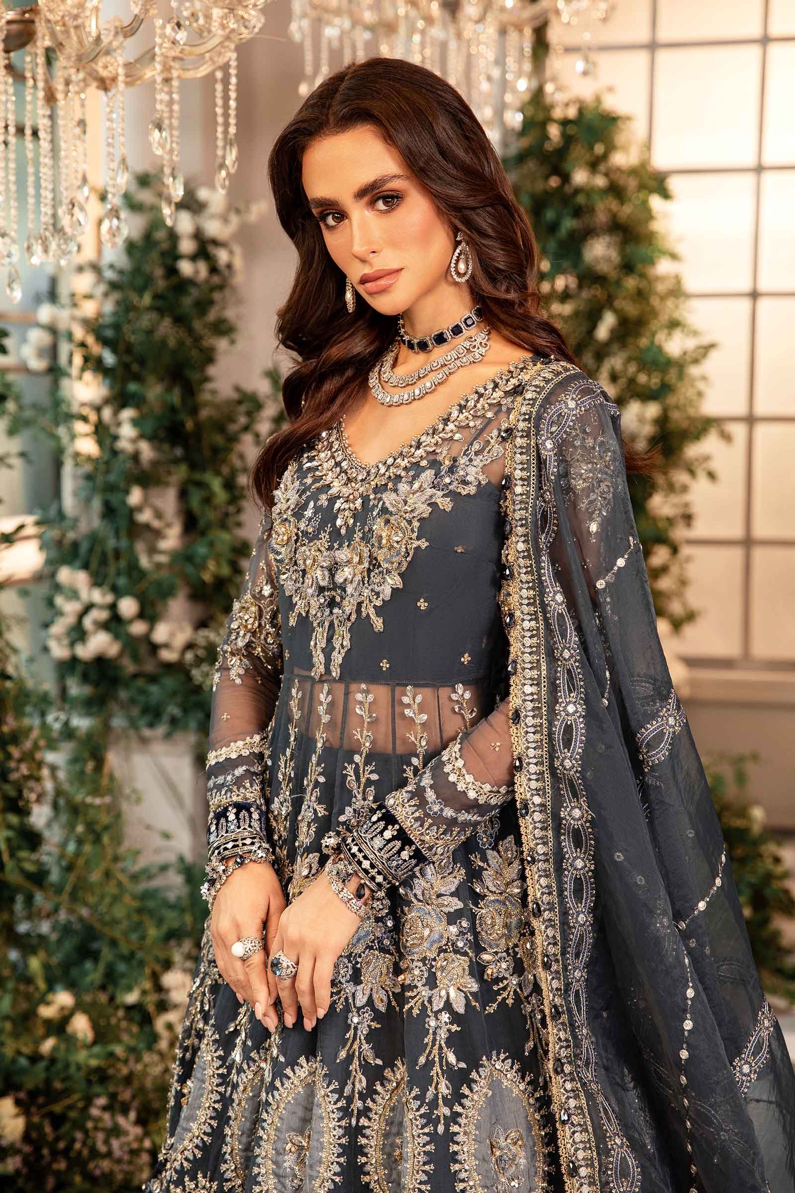 Maria B BD-2901 Hand Embellished Organza Flared Suit - Close-Up Hand Embellishment Tilla & Pearl Work | IQNAZ