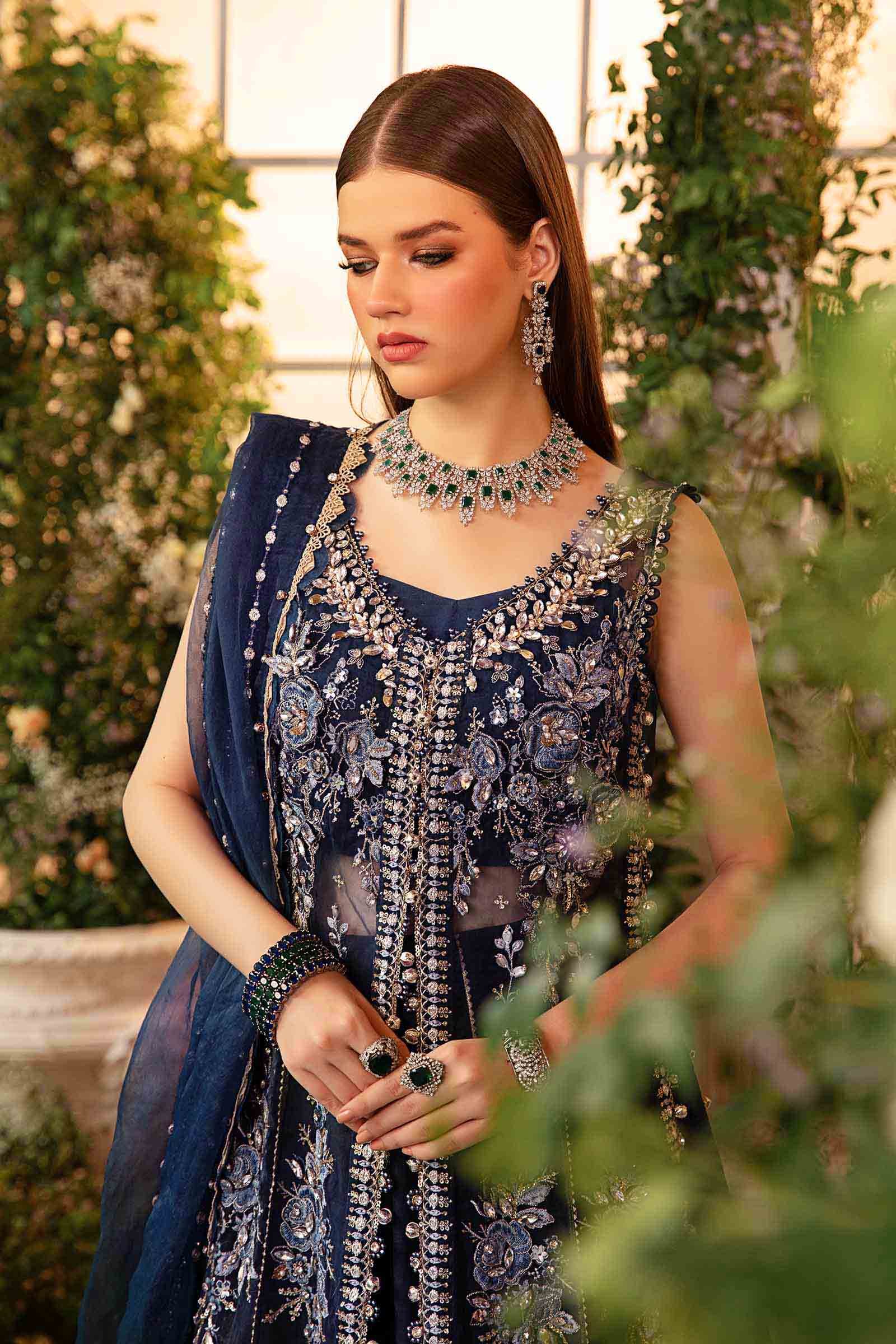 Maria B BD-2901 Hand Embellished Organza Flared Suit - Embroidered Back & Daman Silhouette Detailing | IQNAZ