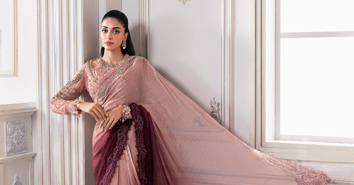 Maria B BD-3001 Embroidered Chiffon Saree - Designer Photoshoot Gallery Angle 14 | IQNAZ Couture