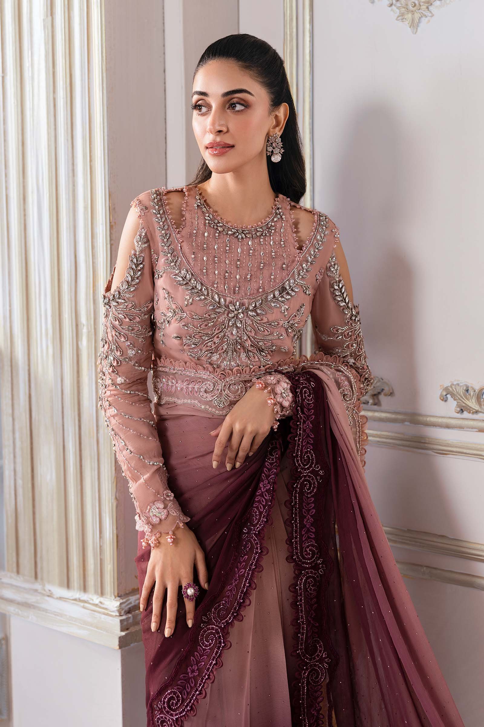 Maria B BD-3001 Embroidered Chiffon Saree - Close-Up Hand Embellishment Tilla & Pearl Work | IQNAZ
