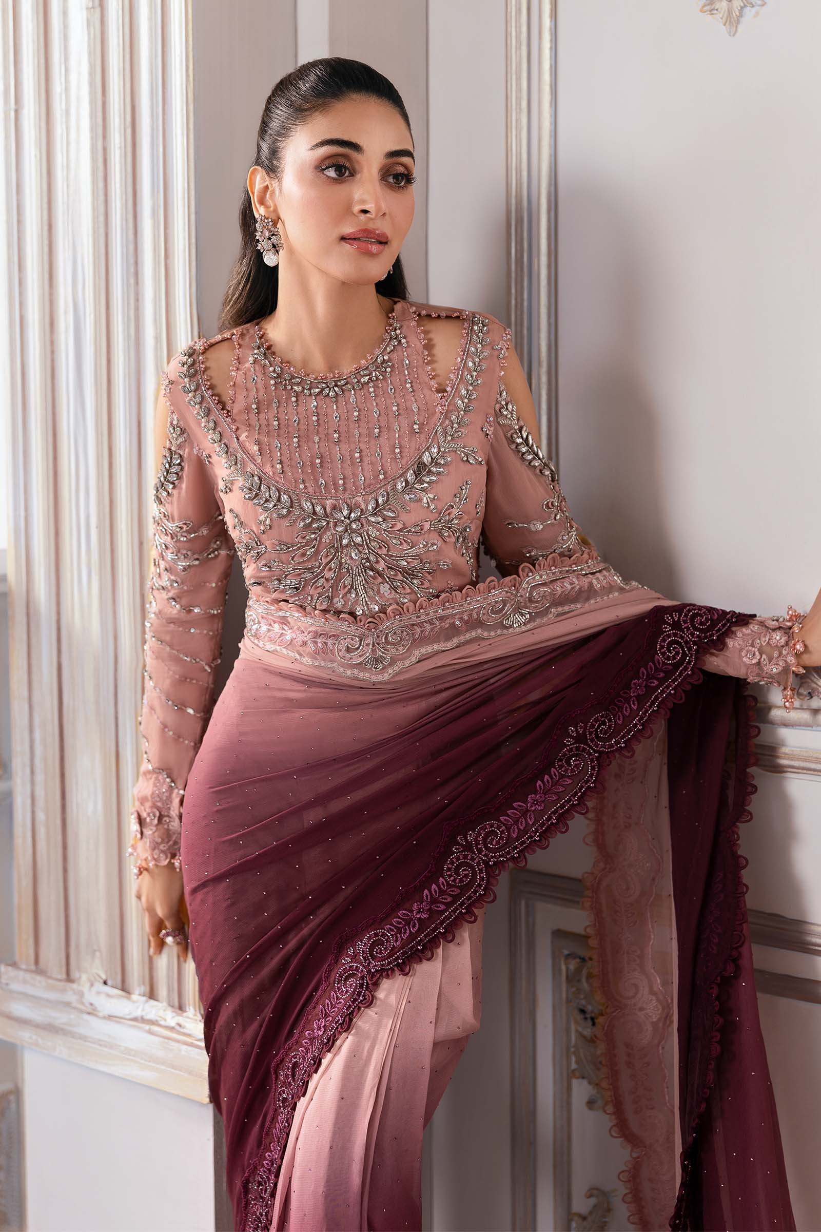 Maria B BD-3001 Embroidered Chiffon Saree - Four-Sided Embroidered Dupatta & Pallu Border | IQNAZ