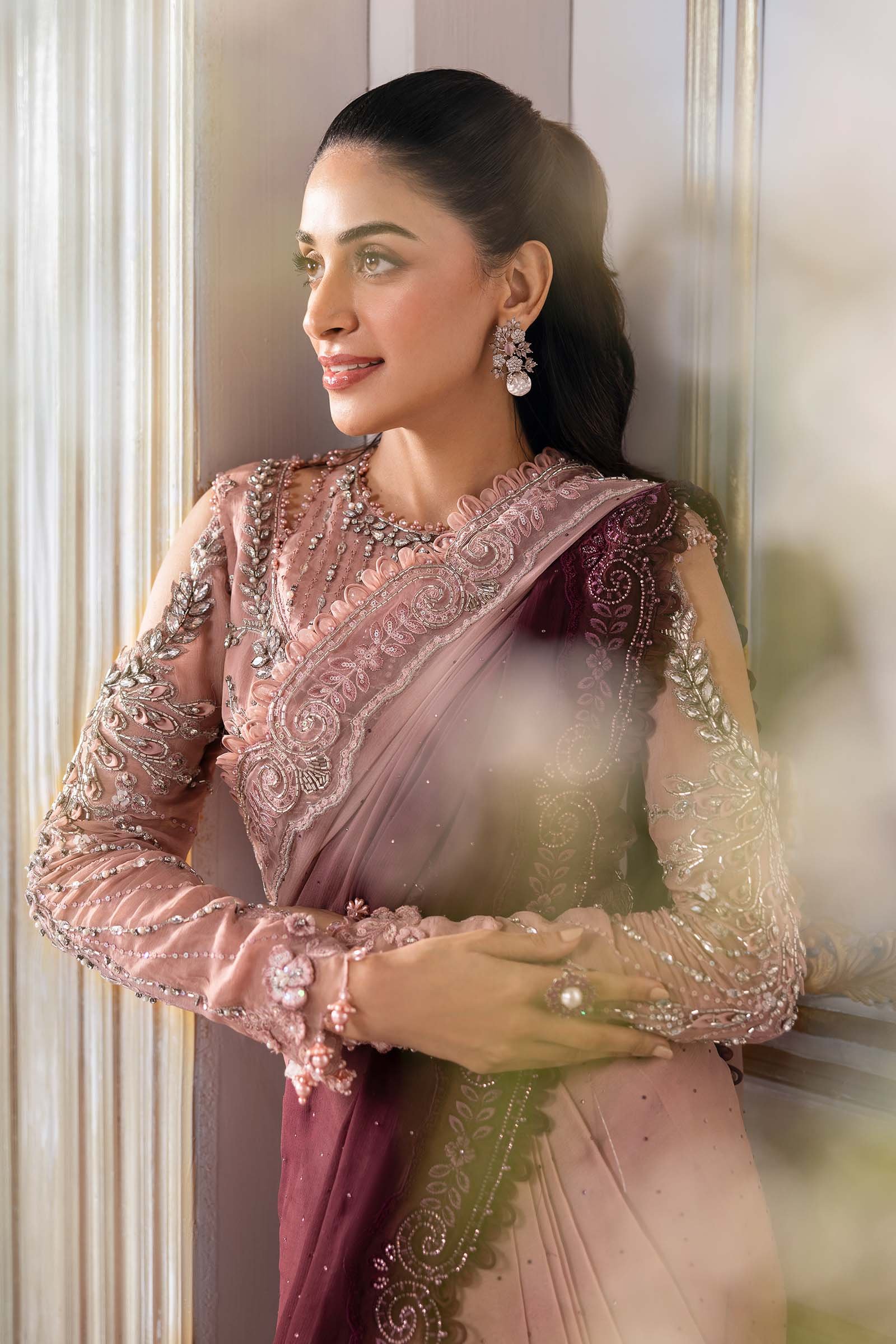 Maria B BD-3001 Embroidered Chiffon Saree - Matching Bottom & Trouser Fabric Details | IQNAZ