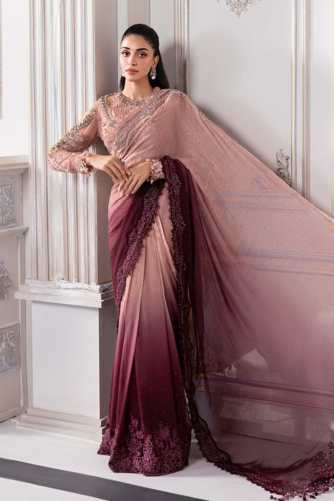 Maria B BD-3001 Embroidered Chiffon Saree - Model Front Look | Pakistani Designer Replica Wholesale | IQNAZ