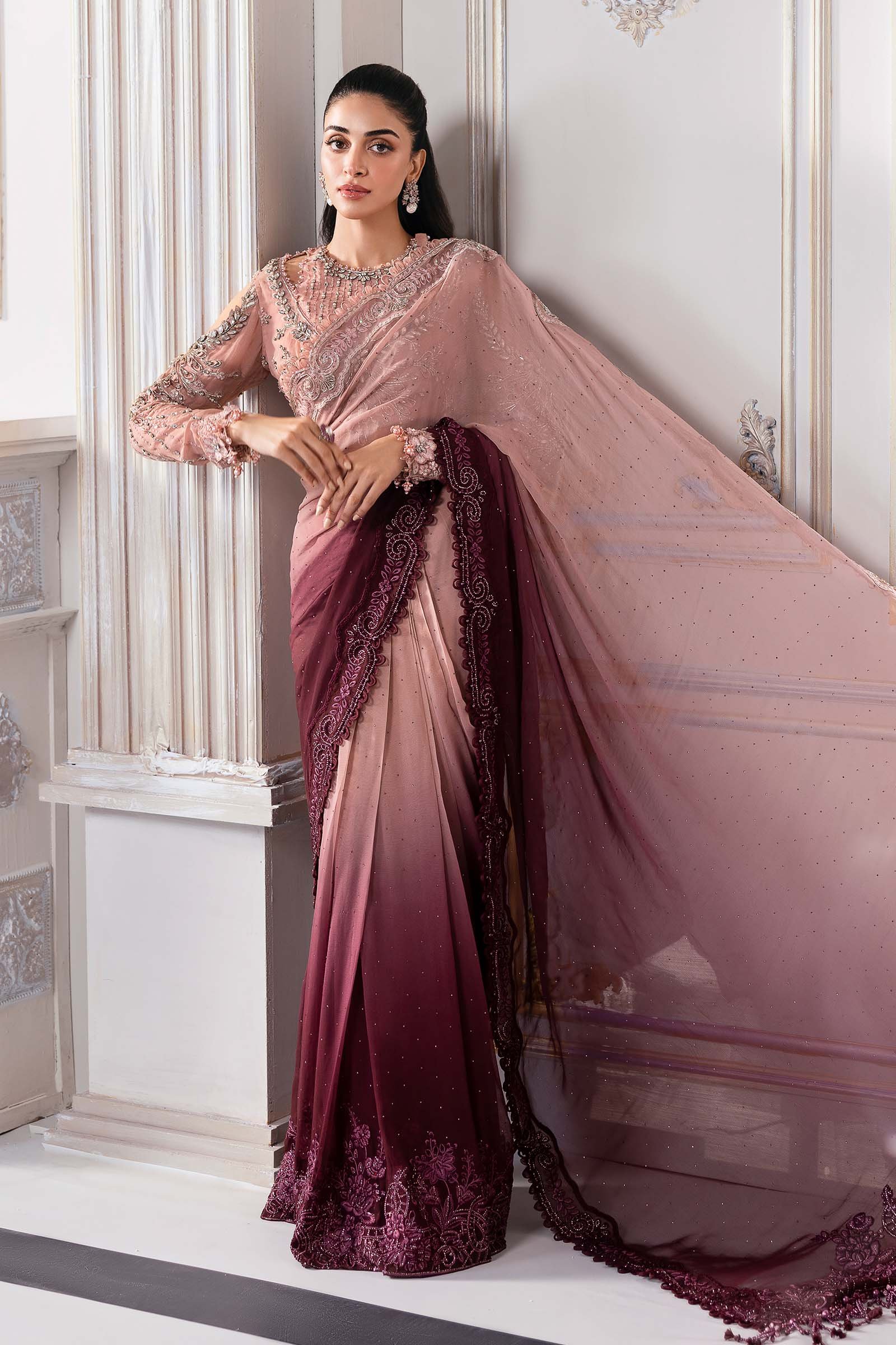 Maria B BD-3001 Embroidered Chiffon Saree - Model Front Look | Pakistani Designer Replica Wholesale | IQNAZ