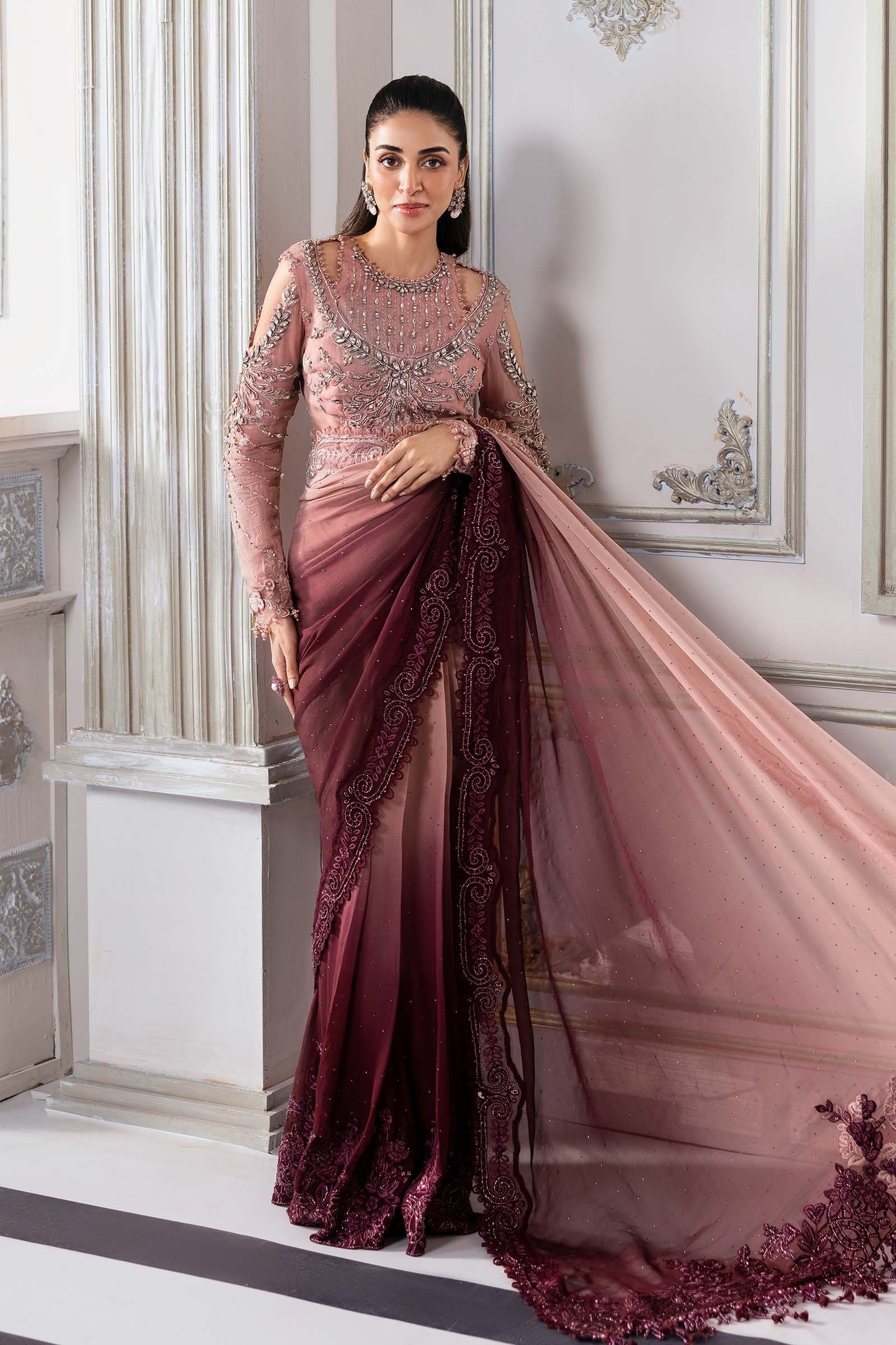 Maria B BD-3001 Embroidered Chiffon Saree - Embroidered Back & Daman Silhouette Detailing | IQNAZ