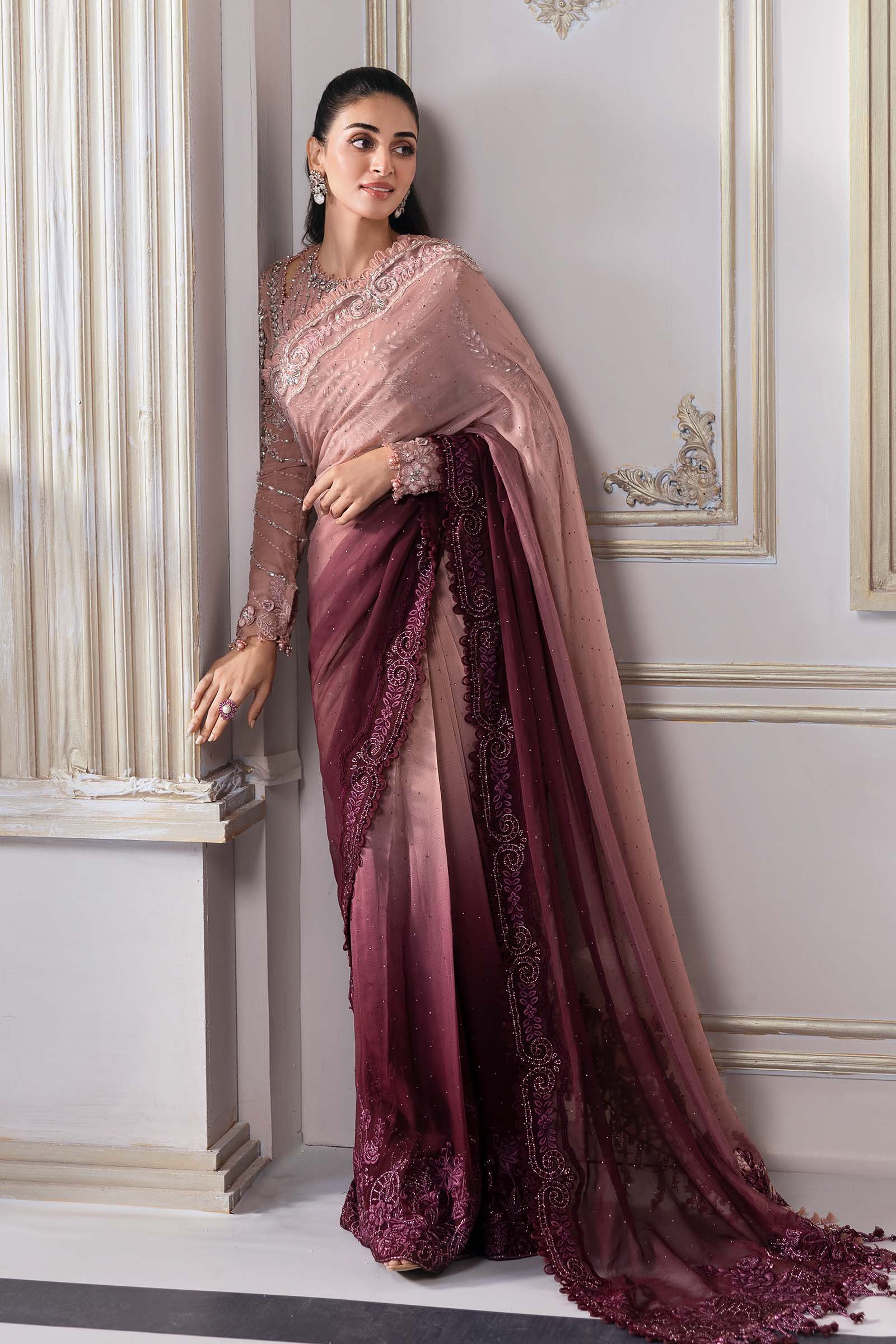 Maria B BD-3001 Embroidered Chiffon Saree - Designer Photoshoot Gallery Angle 8 | IQNAZ Couture