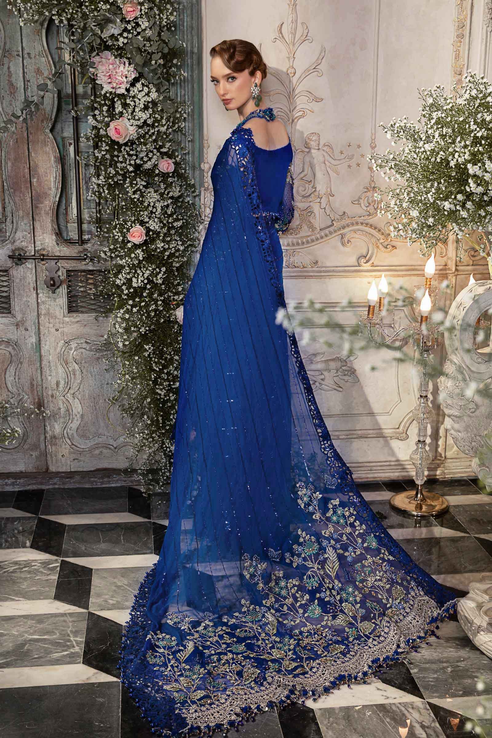 Maria B BD-2704 Cobalt Blue Embroidered Chiffon Party Wear Suit - Designer Photoshoot Gallery Angle 13 | IQNAZ Couture