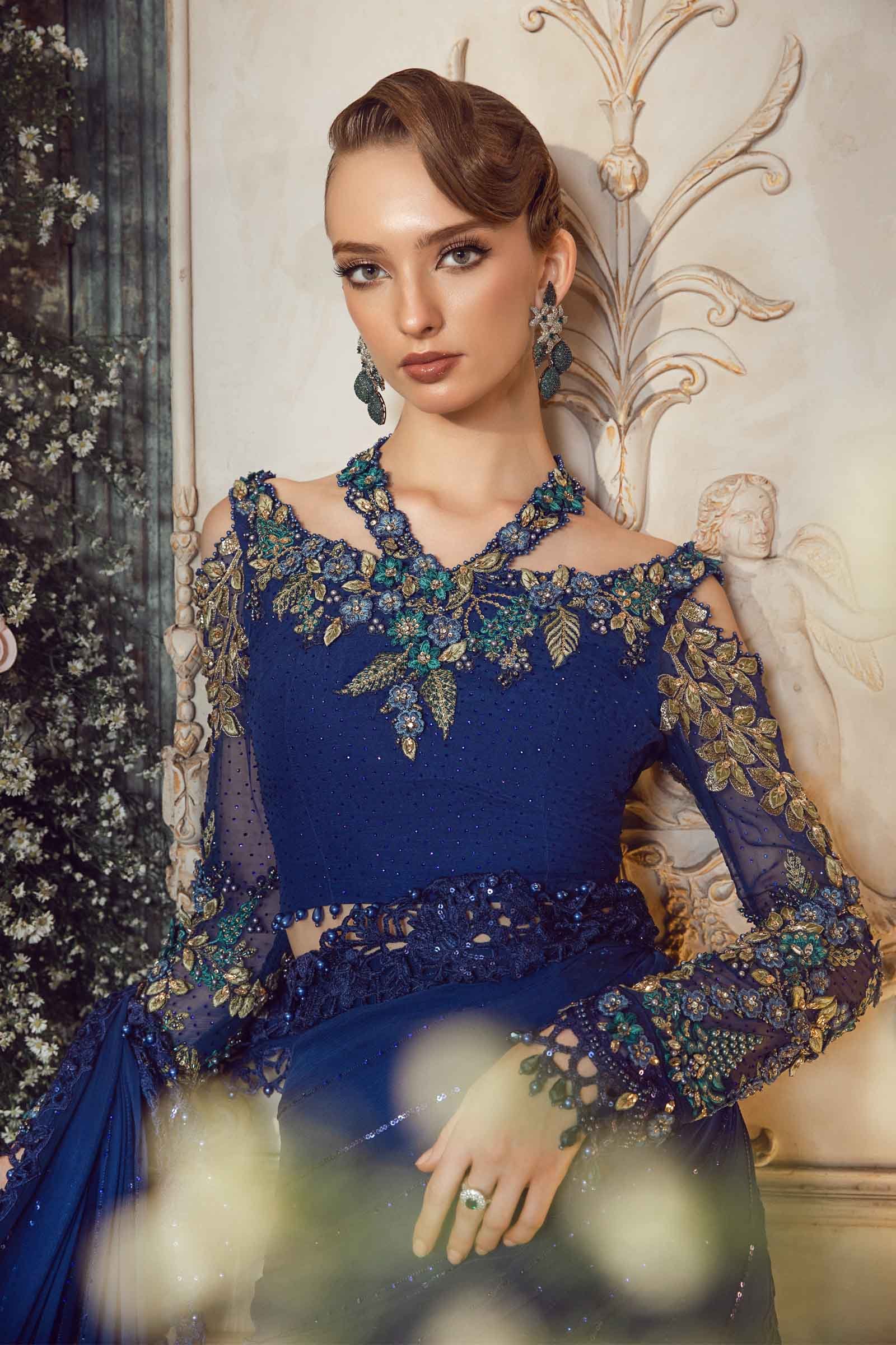 Maria B BD-2704 Cobalt Blue Embroidered Chiffon Party Wear Suit - Embroidered Back & Daman Silhouette Detailing | IQNAZ
