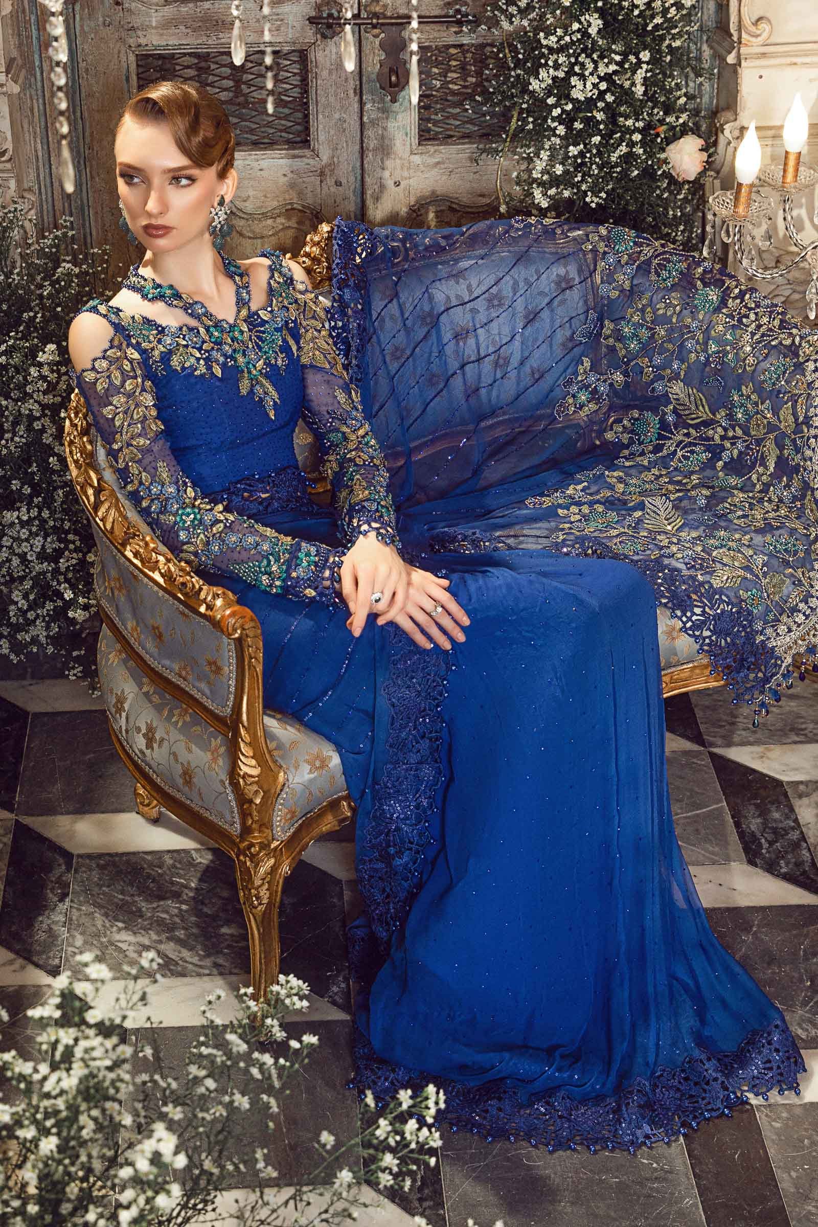 Maria B BD-2704 Cobalt Blue Embroidered Chiffon Party Wear Suit - Close-Up Hand Embellishment Tilla & Pearl Work | IQNAZ