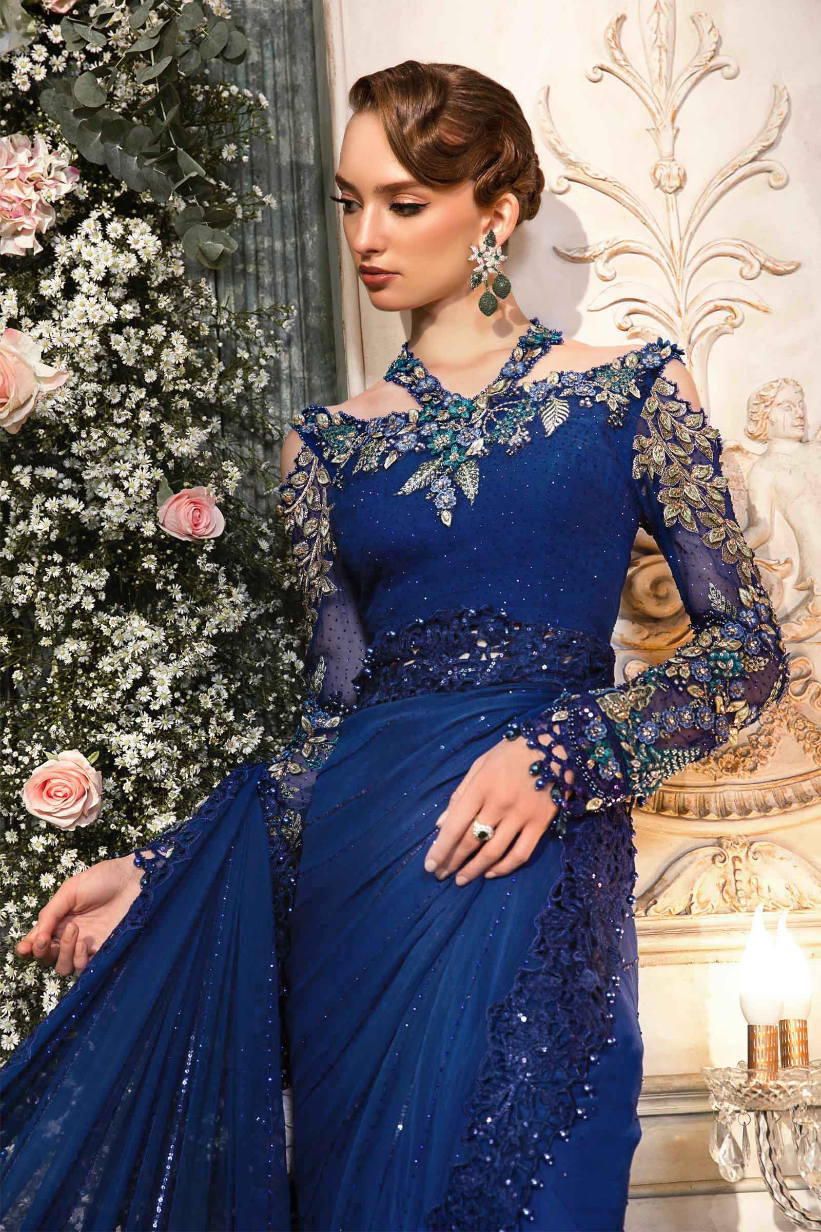 Maria B BD-2704 Cobalt Blue Embroidered Chiffon Party Wear Suit - Four-Sided Embroidered Dupatta & Pallu Border | IQNAZ