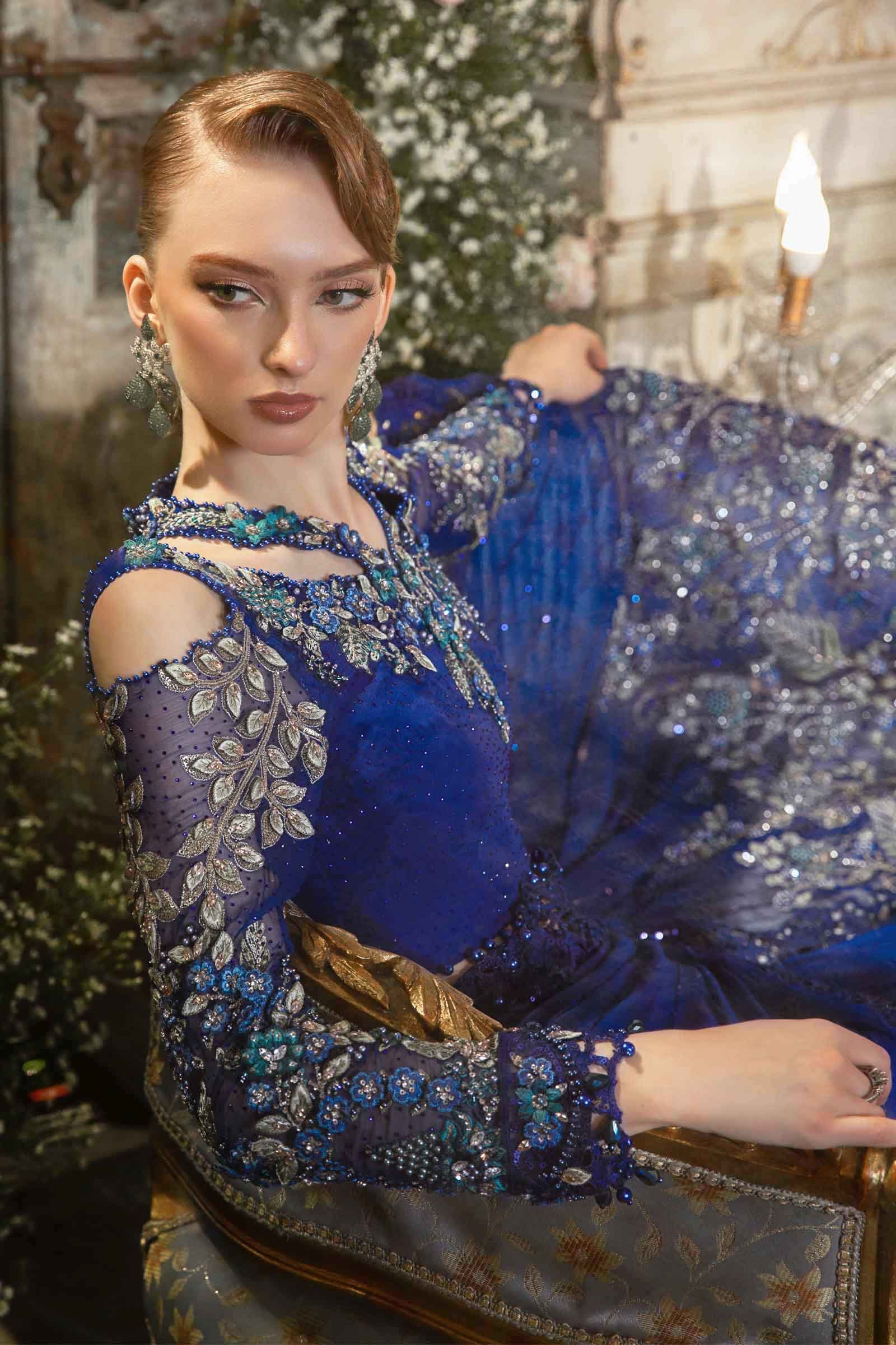 Maria B BD-2704 Cobalt Blue Embroidered Chiffon Party Wear Suit - Matching Bottom & Trouser Fabric Details | IQNAZ