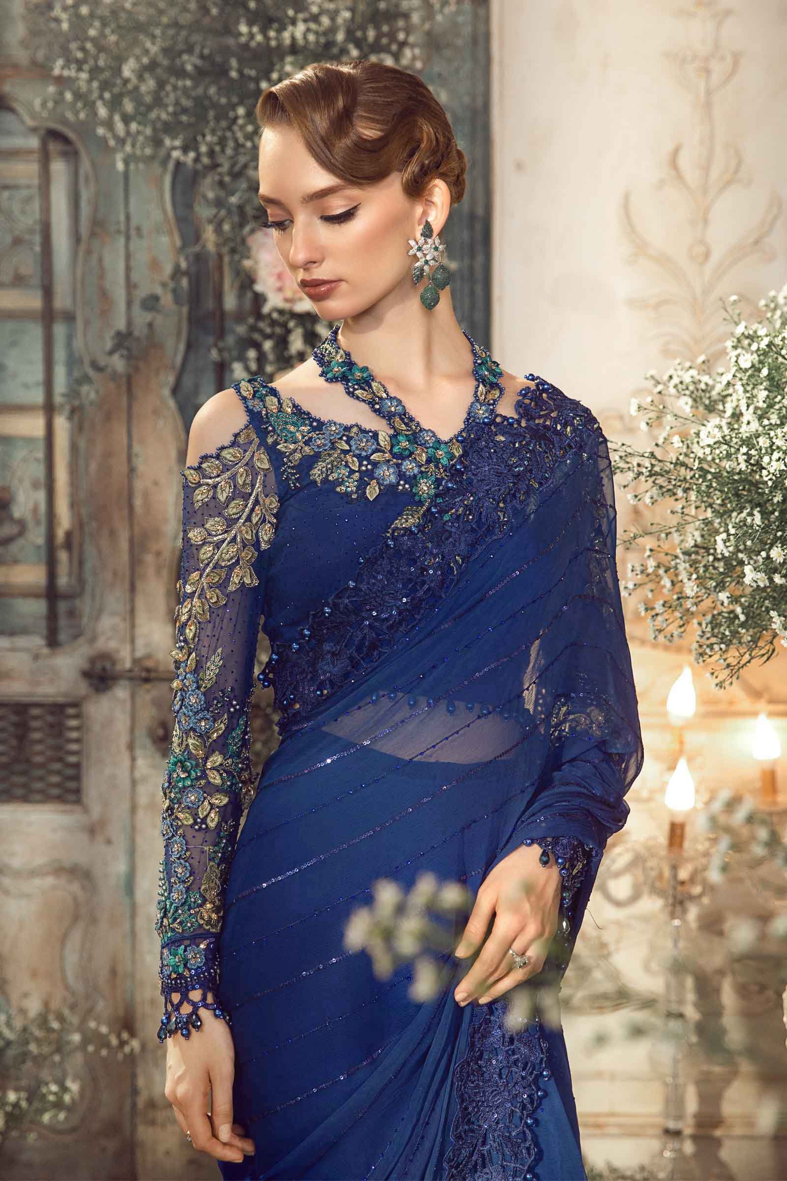 Maria B BD-2704 Cobalt Blue Embroidered Chiffon Party Wear Suit - Designer Photoshoot Gallery Angle 6 | IQNAZ Couture