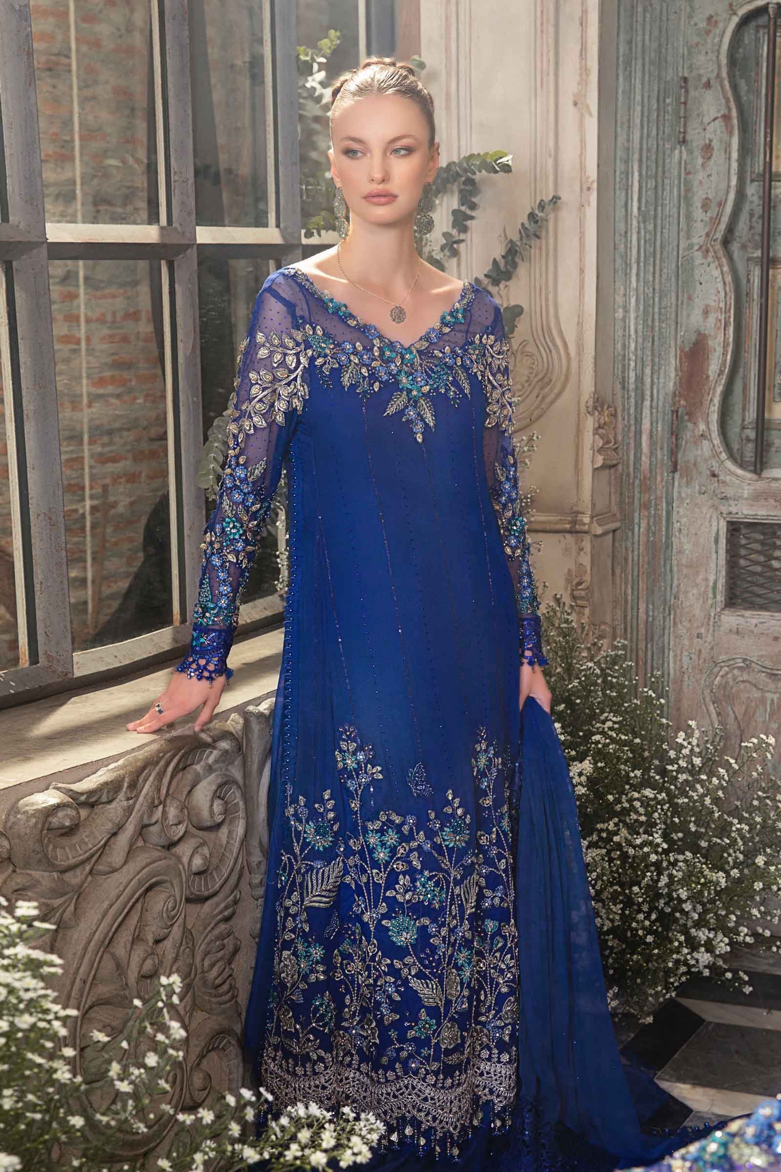 Maria B BD-2704 Cobalt Blue Embroidered Chiffon Party Wear Suit - Designer Photoshoot Gallery Angle 14 | IQNAZ Couture
