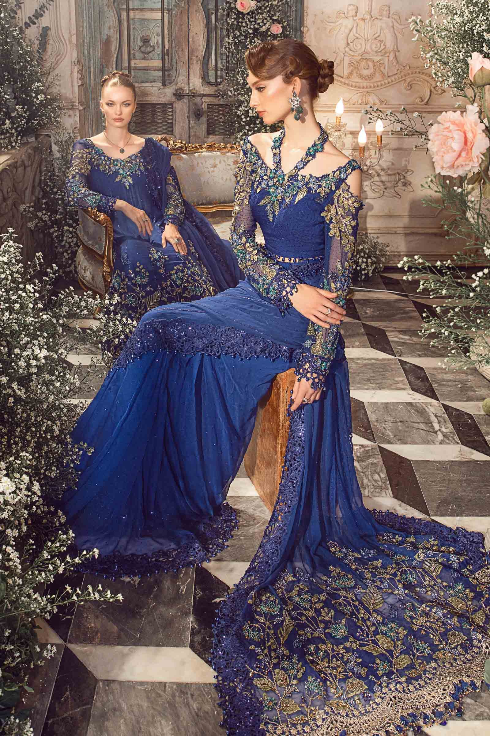 Maria B BD-2704 Cobalt Blue Embroidered Chiffon Party Wear Suit - Designer Photoshoot Gallery Angle 8 | IQNAZ Couture