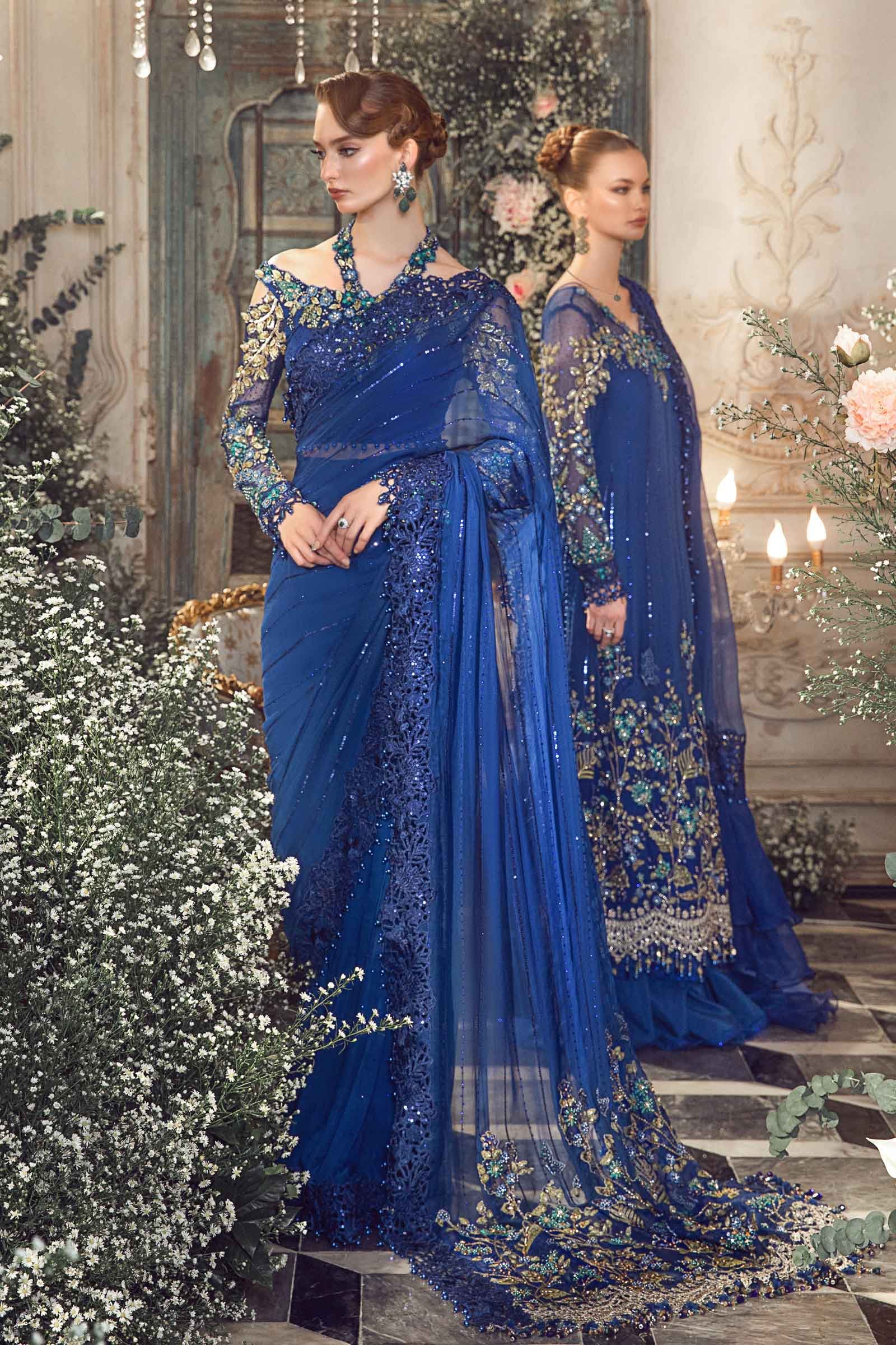 Maria B BD-2704 Cobalt Blue Embroidered Chiffon Party Wear Suit - Designer Photoshoot Gallery Angle 7 | IQNAZ Couture