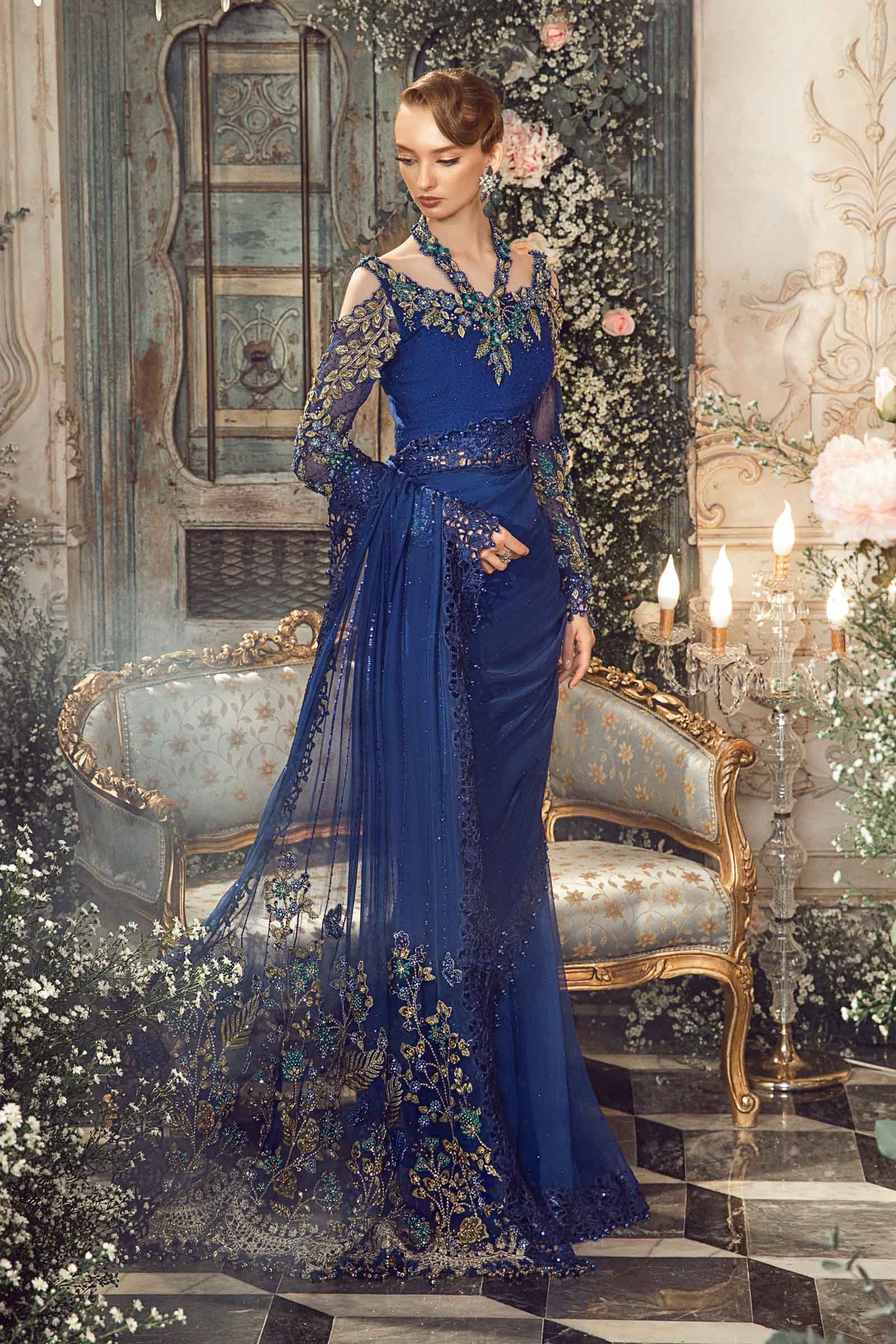 Maria B BD-2704 Cobalt Blue Embroidered Chiffon Party Wear Suit - Designer Photoshoot Gallery Angle 9 | IQNAZ Couture