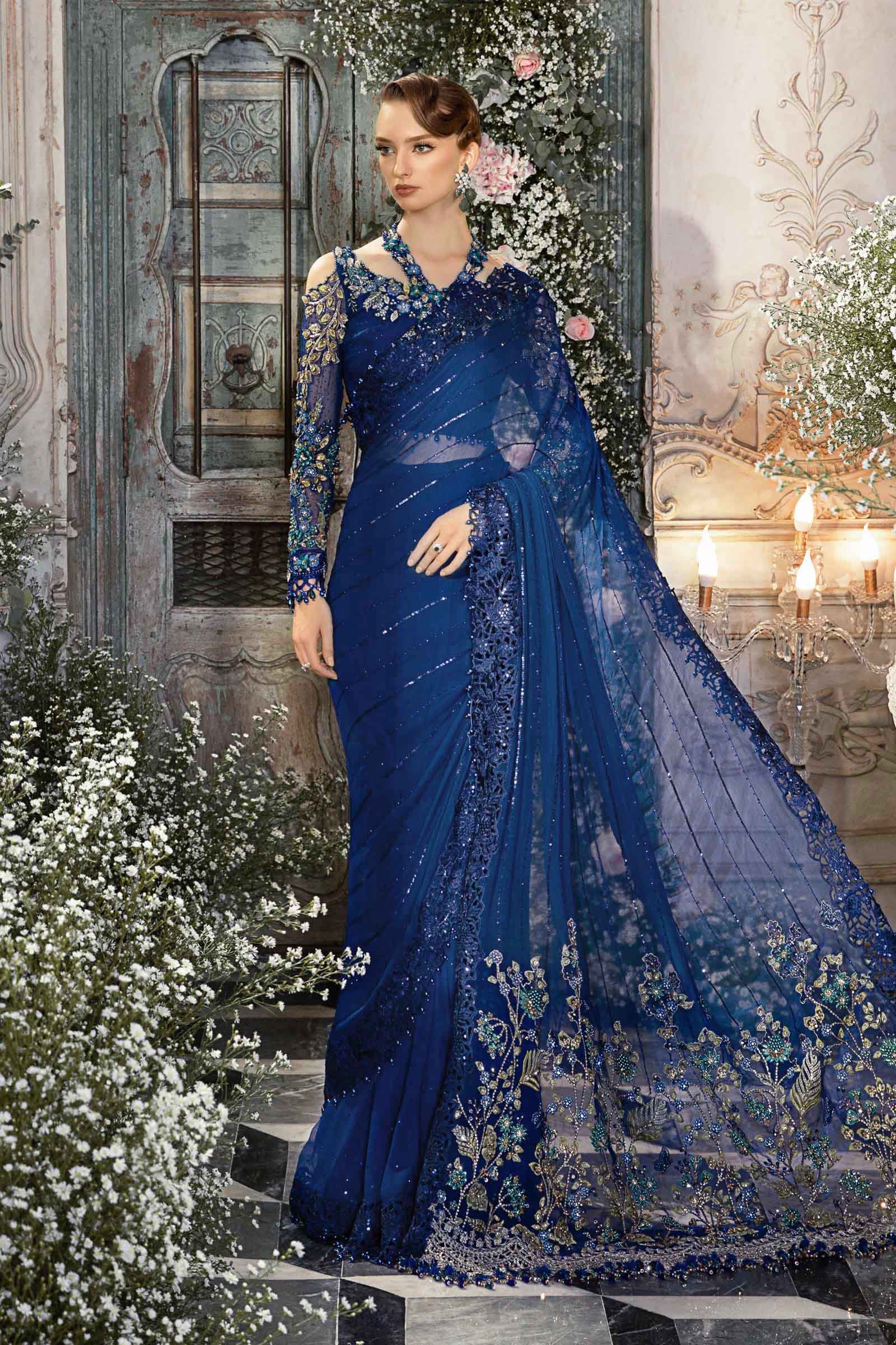 Maria B BD-2704 Cobalt Blue Embroidered Chiffon Party Wear Suit - Designer Photoshoot Gallery Angle 10 | IQNAZ Couture