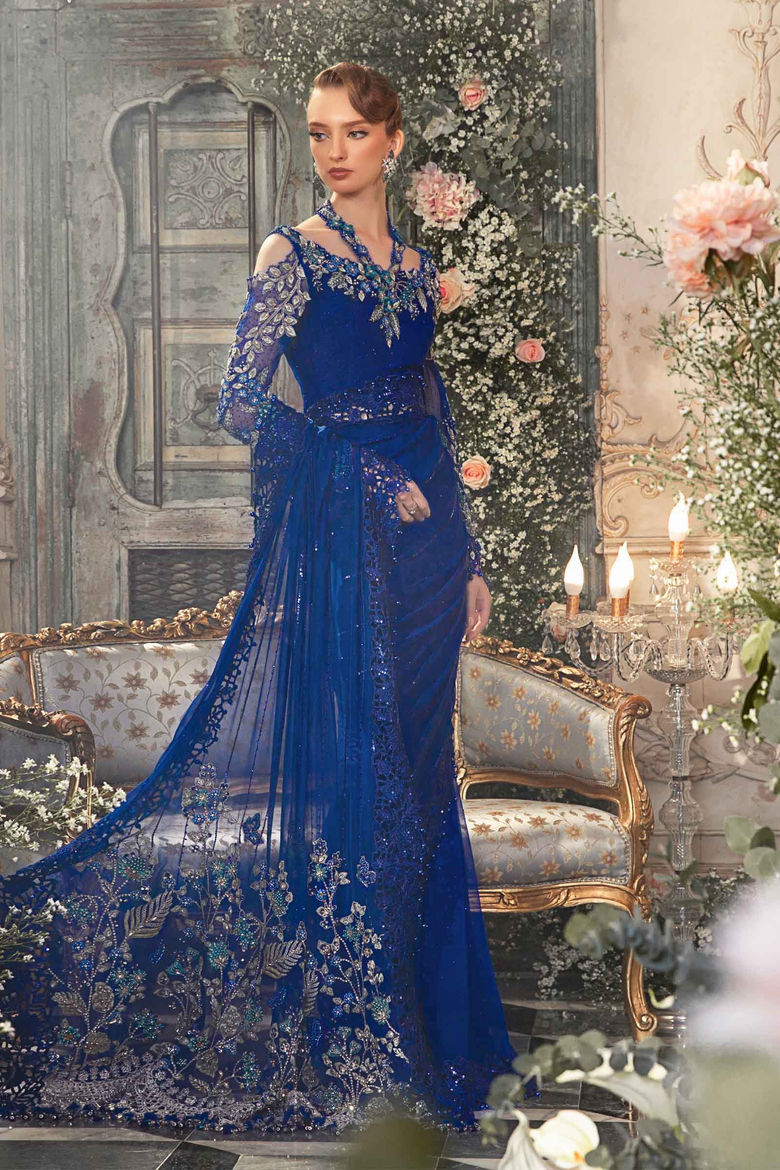 Maria B BD-2704 Cobalt Blue Embroidered Chiffon Party Wear Suit - Designer Photoshoot Gallery Angle 11 | IQNAZ Couture