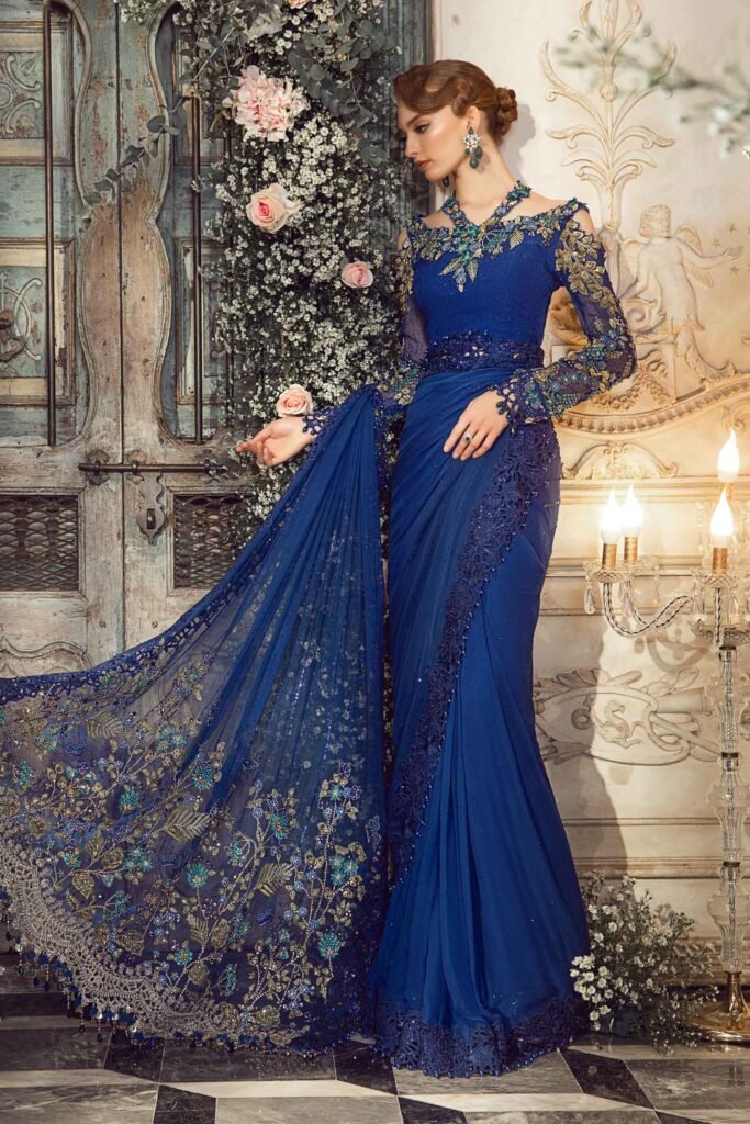 Maria B BD-2704 Cobalt Blue Embroidered Chiffon Party Wear Suit - Model Front Look | Pakistani Designer Replica Wholesale | IQNAZ