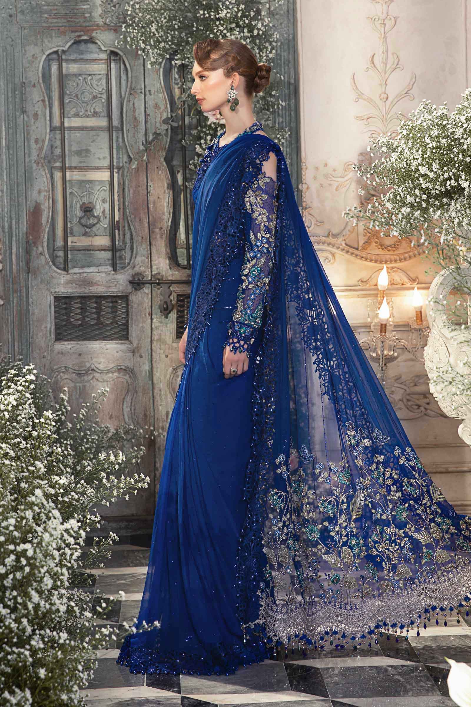 Maria B BD-2704 Cobalt Blue Embroidered Chiffon Party Wear Suit - Designer Photoshoot Gallery Angle 12 | IQNAZ Couture