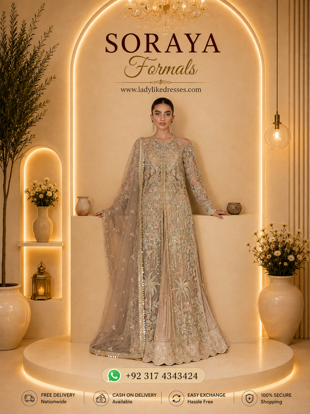 Soraya Dahlia Hand Embellished Net Bridal Maxi - Model Front Look | Pakistani Designer Replica Wholesale | IQNAZ