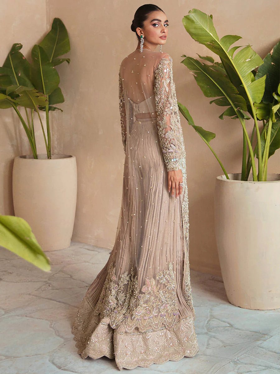 Soraya Dahlia Hand Embellished Net Bridal Maxi - Close-Up Hand Embellishment Tilla & Pearl Work | IQNAZ