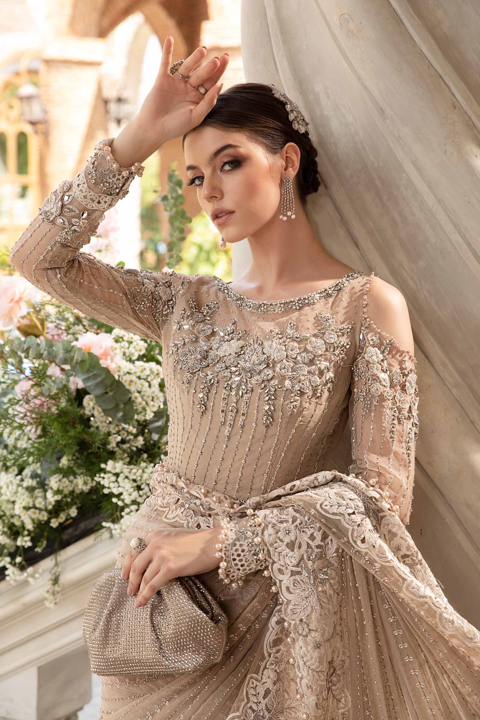Maria B BD-2801 Embroidered Organza Saree – Embroidery & Handwork Detail Maria B BD-2801 Embroidered Organza Saree - Close-Up Hand Embellishment Tilla & Pearl Work | IQNAZ