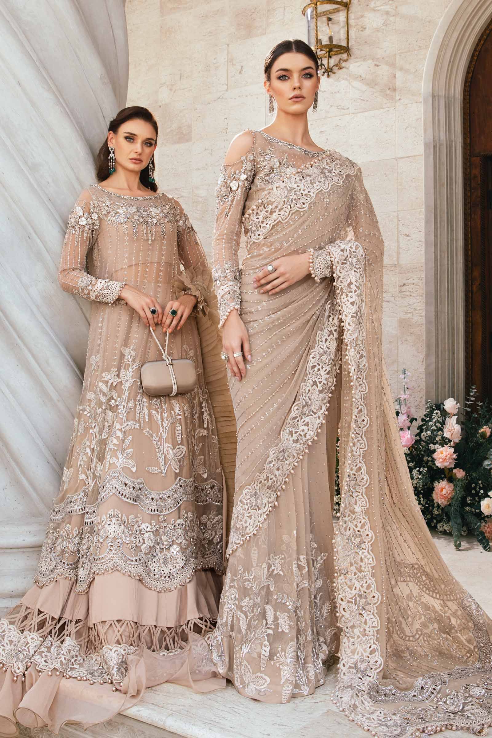 Maria B BD-2801 Embroidered Organza Saree – Back View & Silhouette Maria B BD-2801 Embroidered Organza Saree - Embroidered Back & Daman Silhouette Detailing | IQNAZ