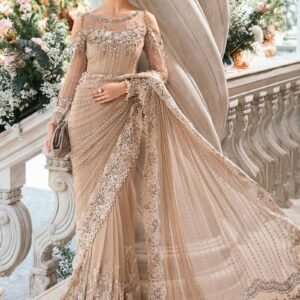 Maria B BD-2801 Embroidered Organza Saree - Model Front Look | Pakistani Designer Replica Wholesale | IQNAZ