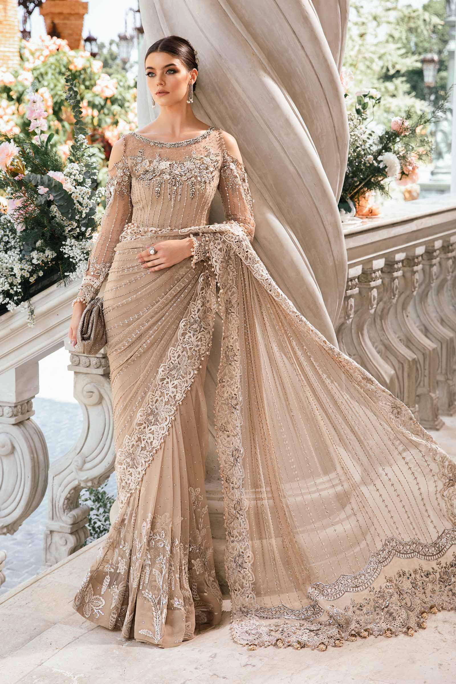 Maria B BD-2801 Embroidered Organza Saree – Model Front View Maria B BD-2801 Embroidered Organza Saree - Model Front Look | Pakistani Designer Replica Wholesale | IQNAZ