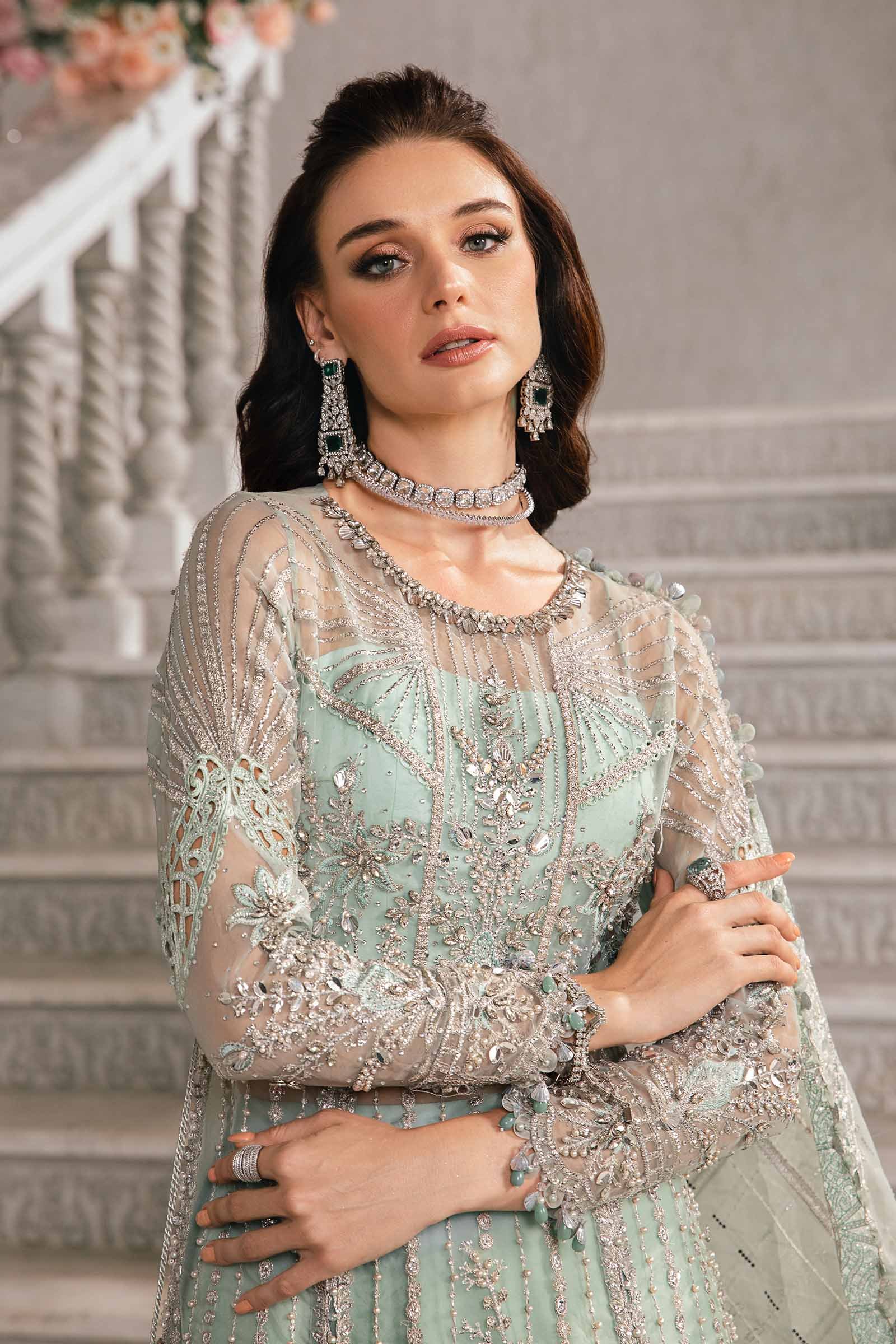 Maria B BD-2803 Hand Embellished Organza Suit with Skirt – Dupatta & Border Detailing Maria B BD-2803 Hand Embellished Organza Suit with Skirt - Four-Sided Embroidered Dupatta & Pallu Border | IQNAZ