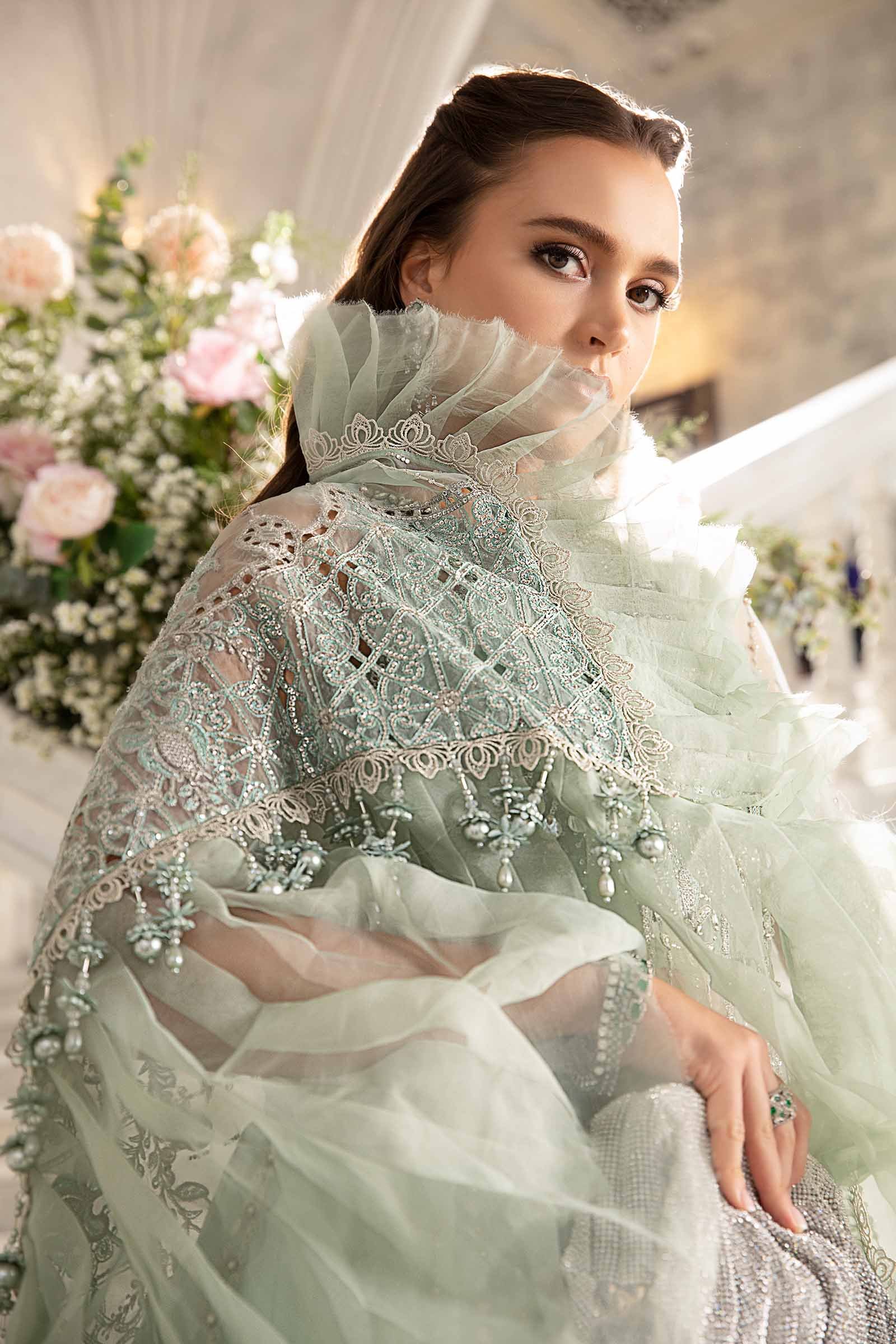 Maria B BD-2803 Hand Embellished Organza Suit with Skirt – Trouser & Bottom Fabric Maria B BD-2803 Hand Embellished Organza Suit with Skirt - Matching Bottom & Trouser Fabric Details | IQNAZ