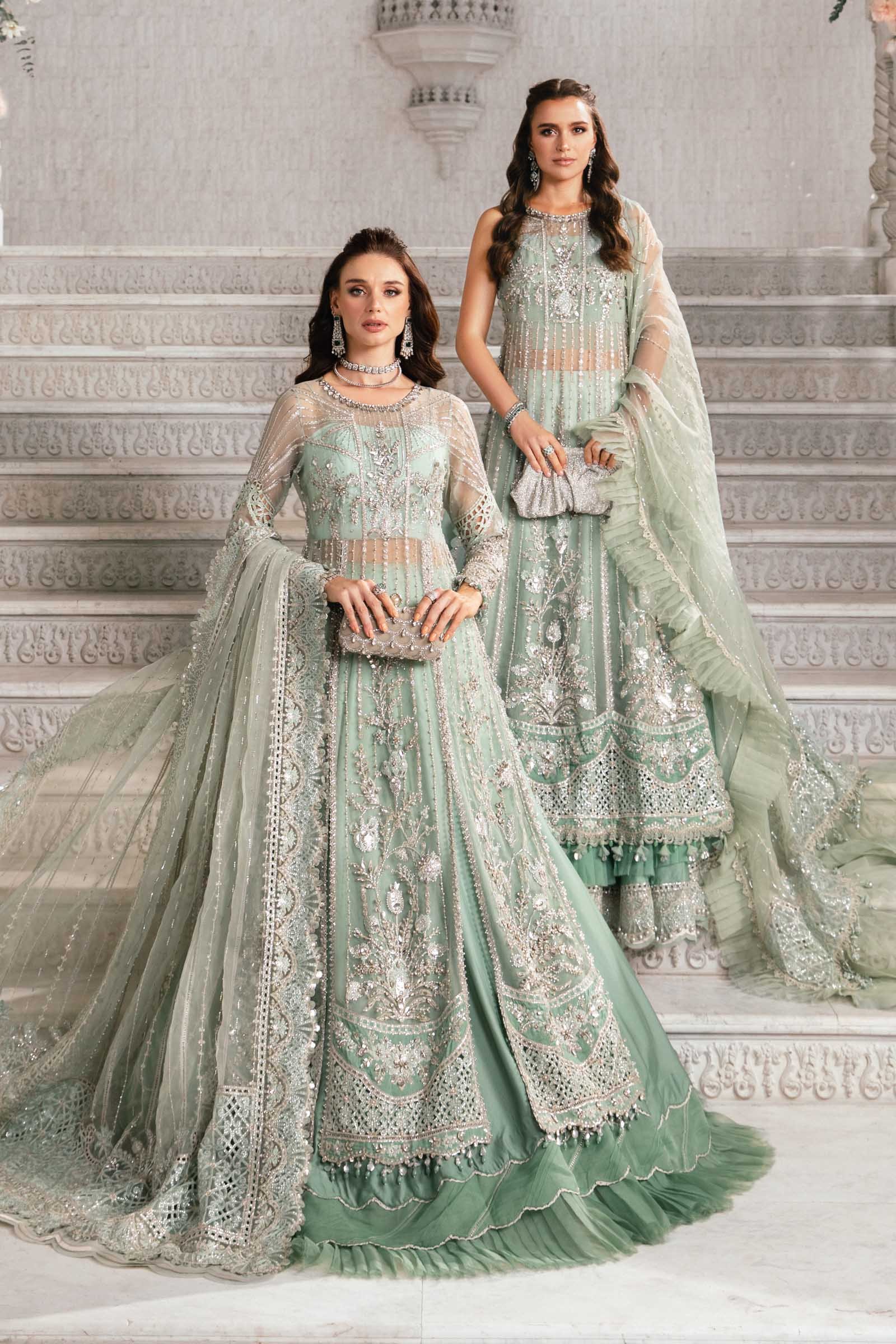 Maria B BD-2803 Hand Embellished Organza Suit with Skirt – Back View & Silhouette Maria B BD-2803 Hand Embellished Organza Suit with Skirt - Embroidered Back & Daman Silhouette Detailing | IQNAZ