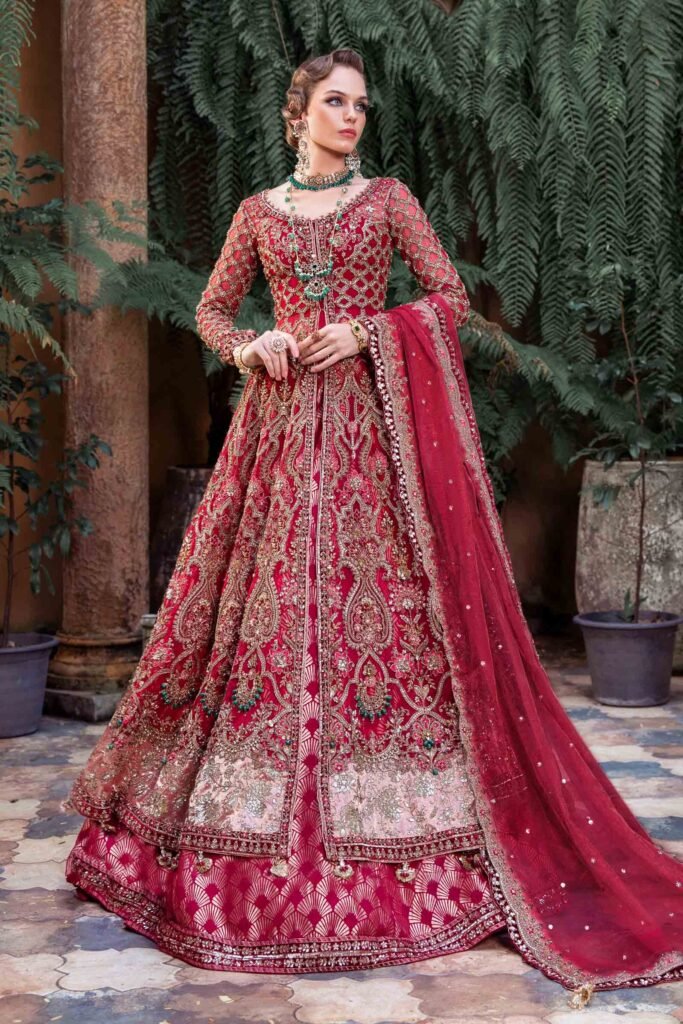 Maria B Navera Hand Embellished Organza Bridal Lehenga - Model Front Look | Pakistani Designer Replica Wholesale | IQNAZ