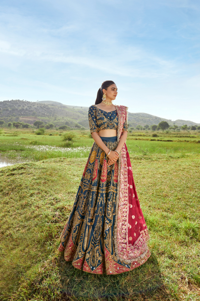 Ahmad Sultan Suraz Hand Embellished Organza Bridal Lehenga - Model Front Look | Pakistani Designer Replica Wholesale | IQNAZ