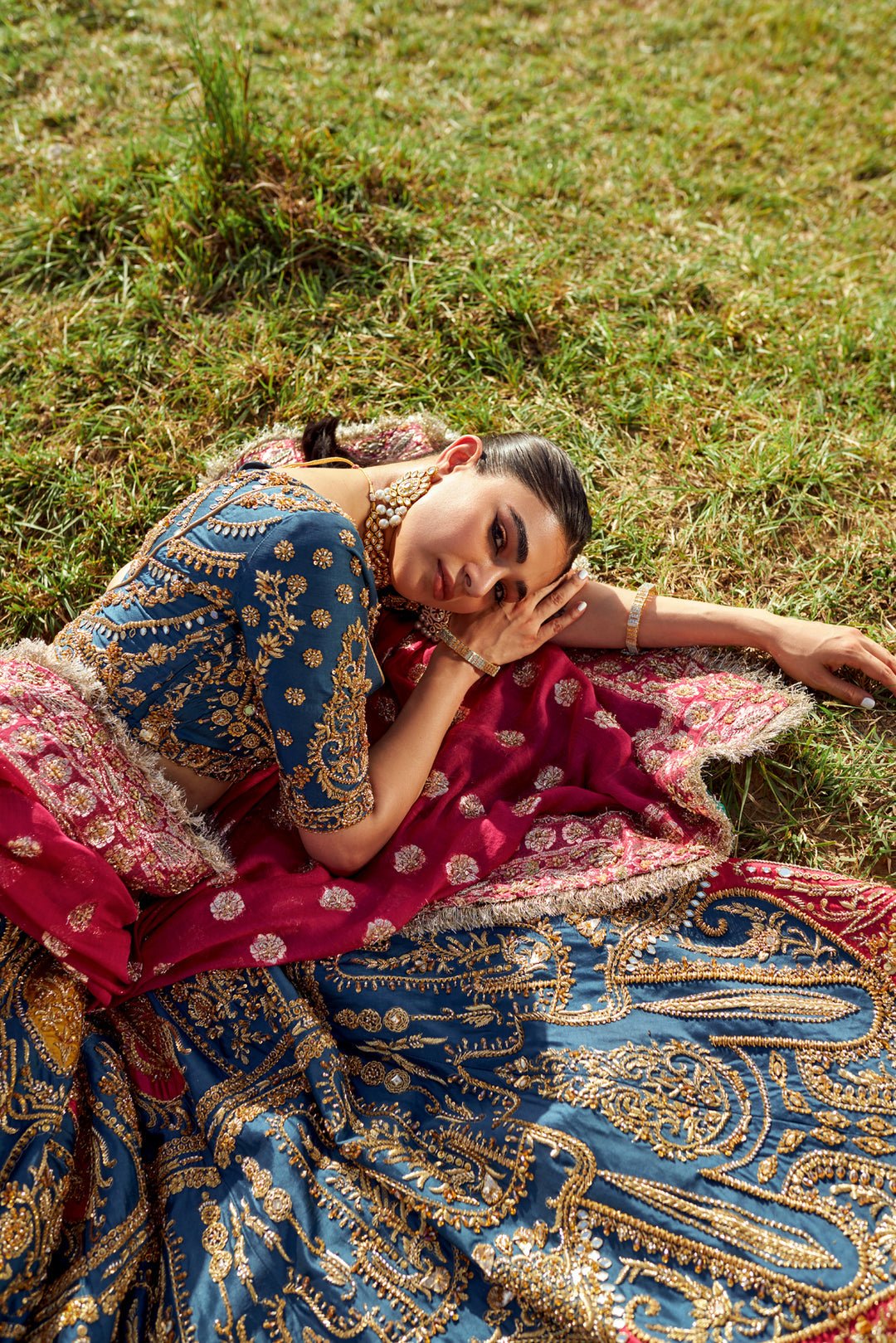 Ahmad Sultan Suraz Hand Embellished Organza Bridal Lehenga - Close-Up Hand Embellishment Tilla & Pearl Work | IQNAZ
