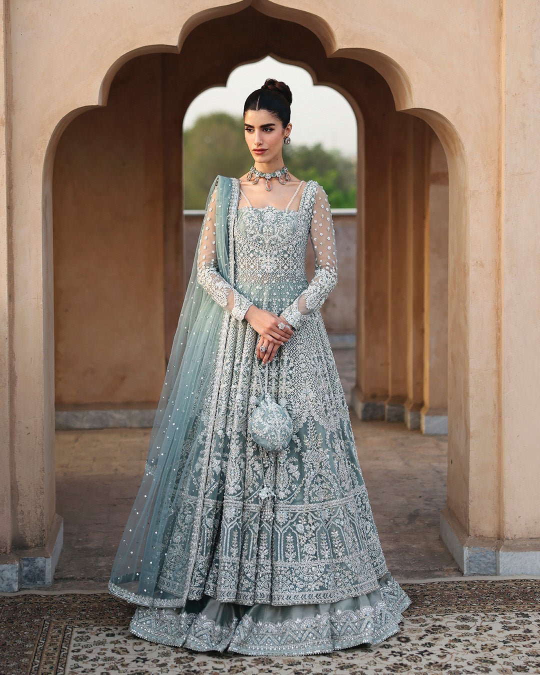 Faiza Saqlain Dorien Hand Embellished Net Bridal Lehenga - Model Front Look | Pakistani Designer Replica Wholesale | IQNAZ