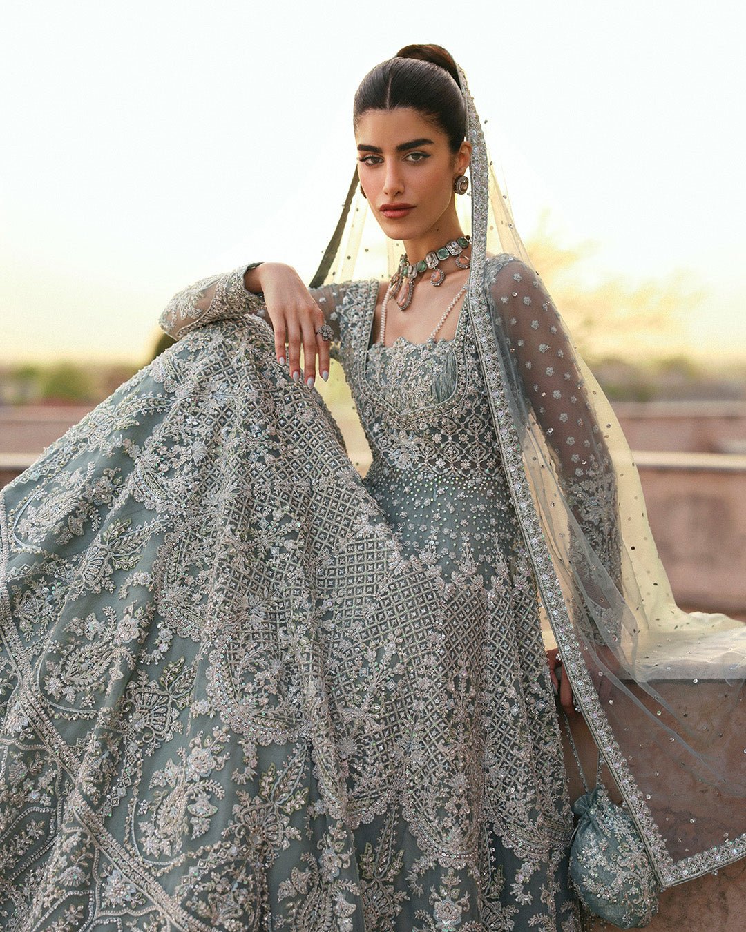Faiza Saqlain Dorien Hand Embellished Net Bridal Lehenga - Embroidered Back & Daman Silhouette Detailing | IQNAZ