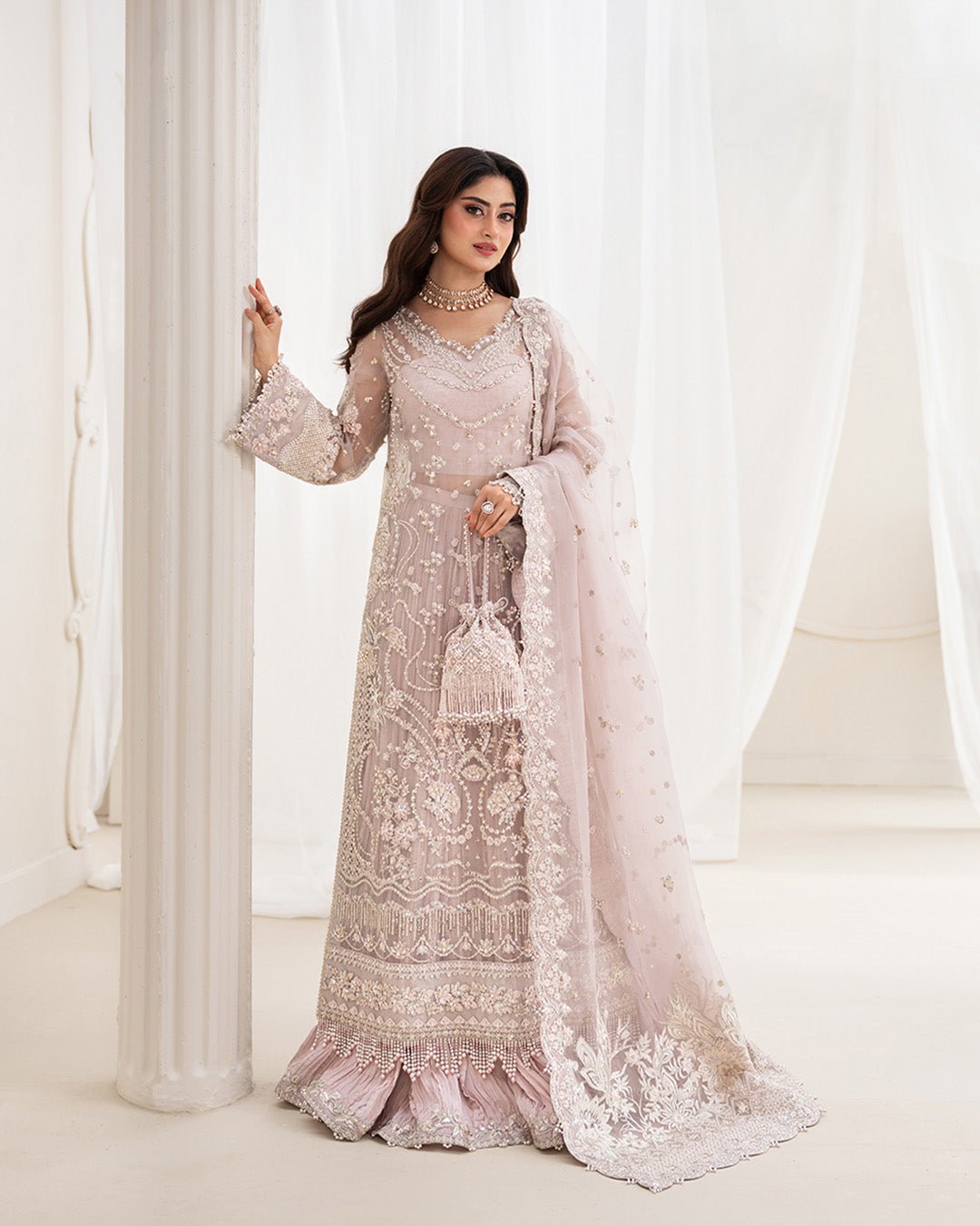Faiza Saqlain Ela Hand Embellished Organza Party Wear Gharara - Model Front Look | Pakistani Designer Replica Wholesale | IQNAZ