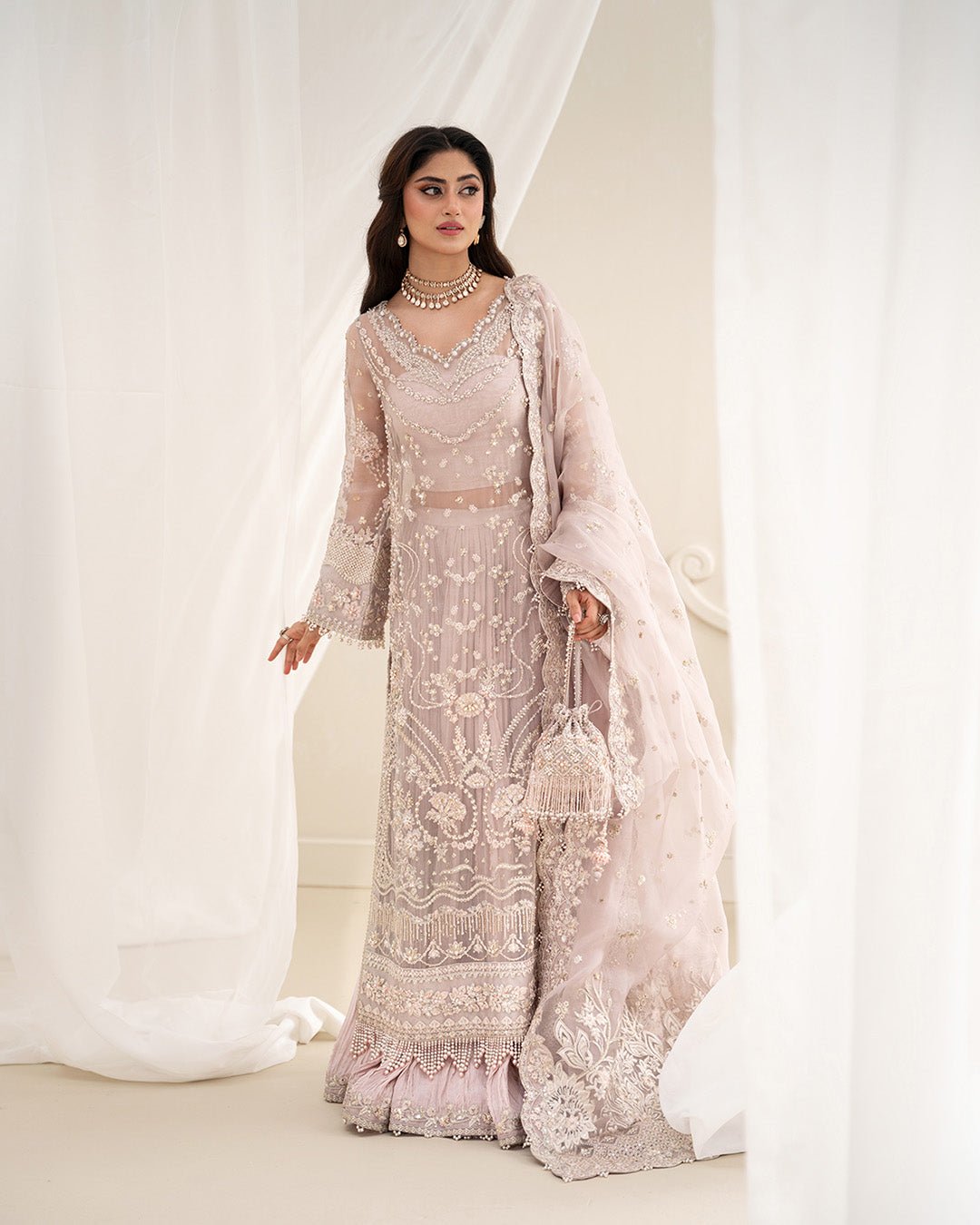 Faiza Saqlain Ela Hand Embellished Organza Party Wear Gharara - Embroidered Back & Daman Silhouette Detailing | IQNAZ
