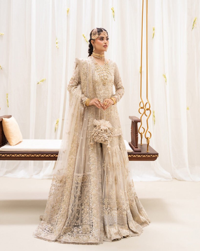 Faiza Saqlain Safak Hand Embellished Net Party Wear Suit - Model Front Look | Pakistani Designer Replica Wholesale | IQNAZ