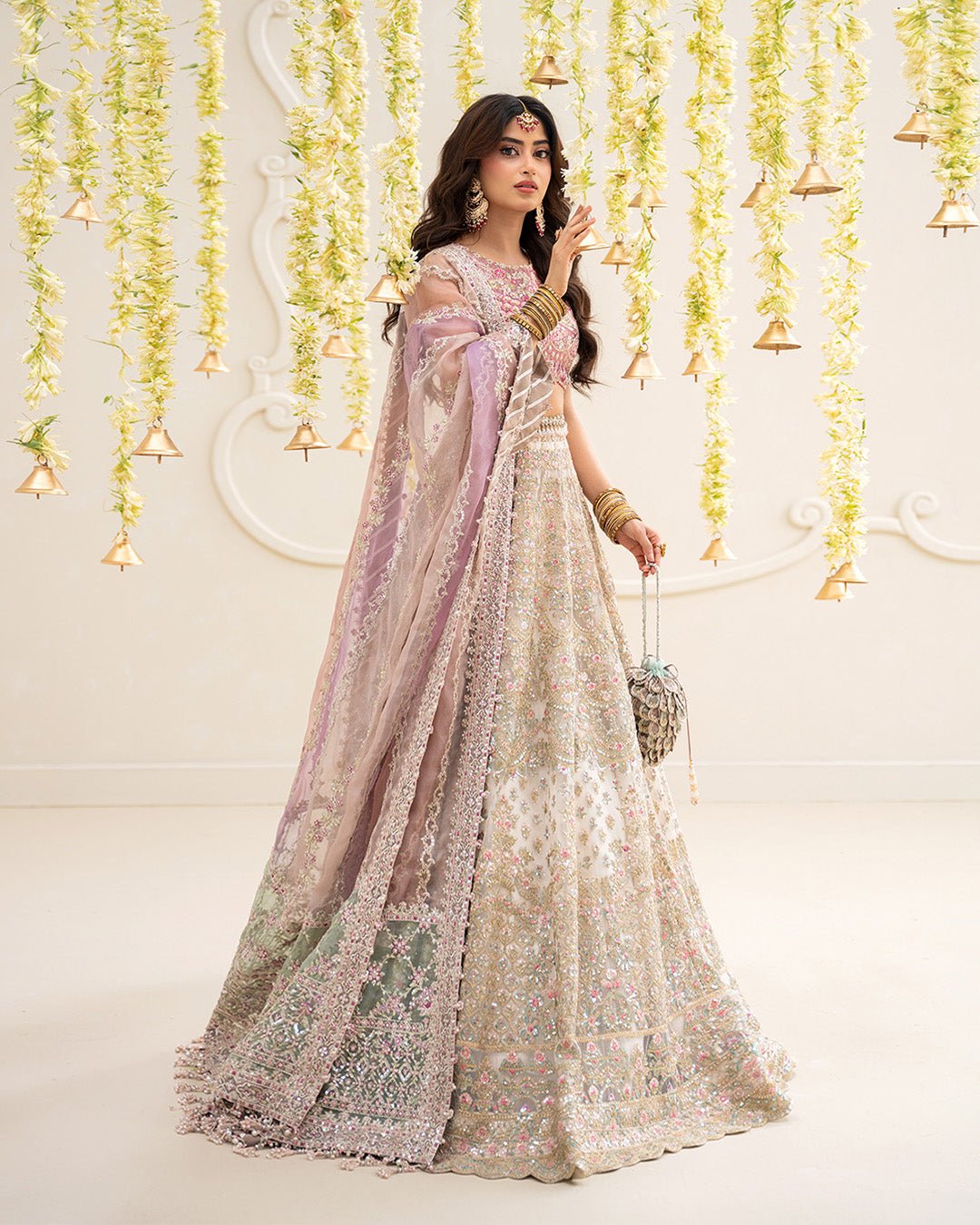 Faiza Saqlain Suzan Hand Embellished Organza Party Wear Suit - Model Front Look | Pakistani Designer Replica Wholesale | IQNAZ