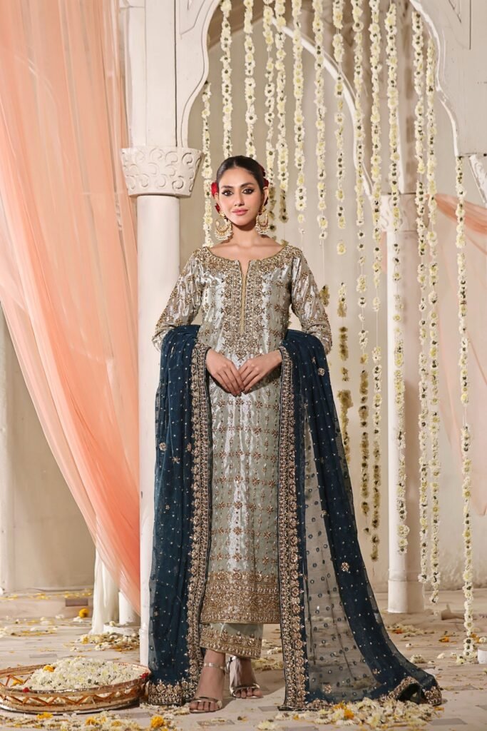 Haris Shakeel Embroidered Organza Party Wear Suit - Model Front Look | Pakistani Designer Replica Wholesale | IQNAZ