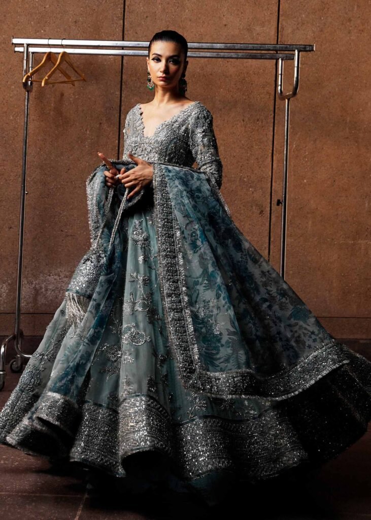Hussain Rehar Hand Embellished Organza Party Wear Suit - Model Front Look | Pakistani Designer Replica Wholesale | IQNAZ