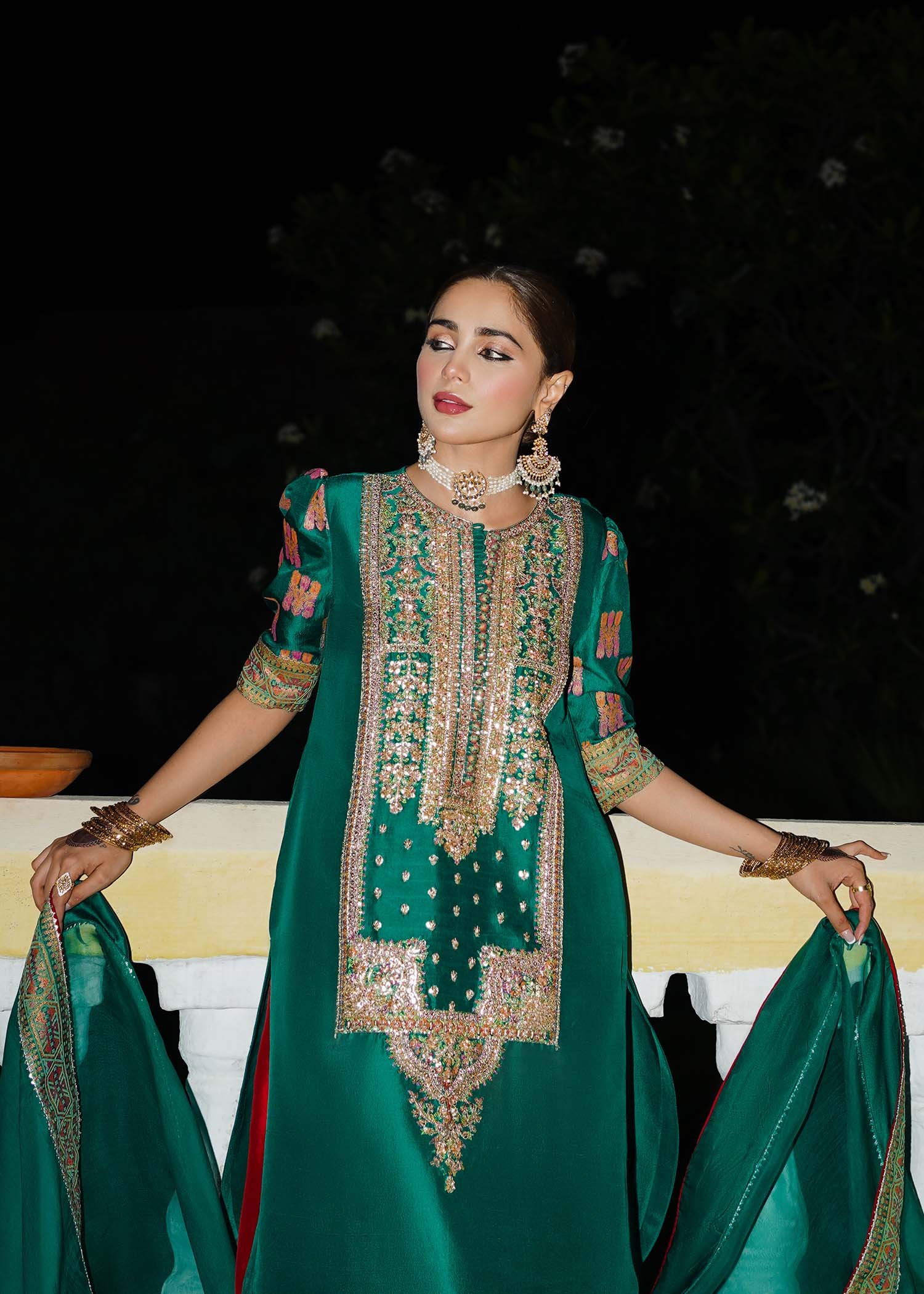 Hussain Rehar Embroidered Organza Party Wear Suit - Four-Sided Embroidered Dupatta & Pallu Border | IQNAZ
