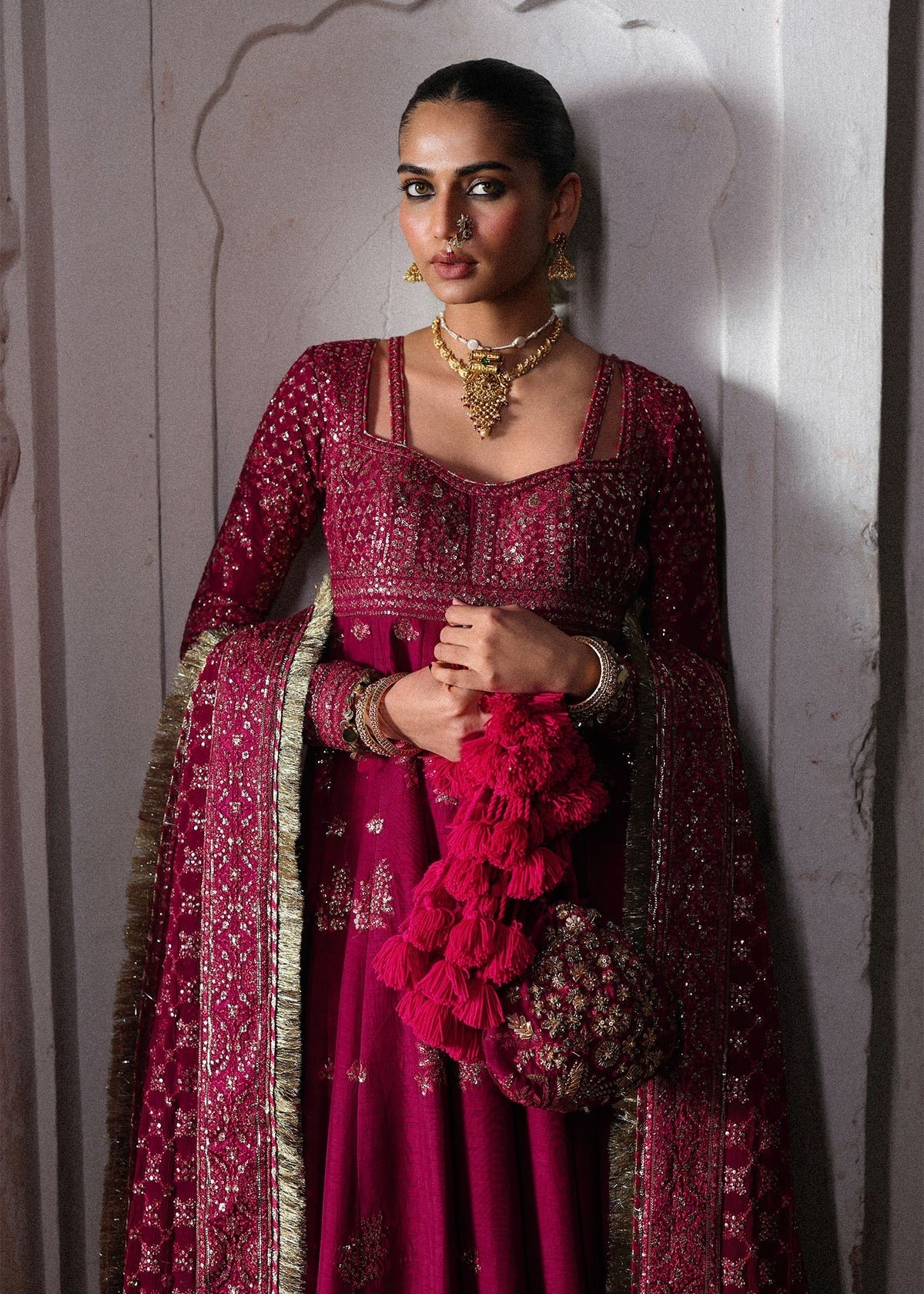 Hussain Rehar Gul Hand Embellished Organza Party Wear Suit - Embroidered Back & Daman Silhouette Detailing | IQNAZ