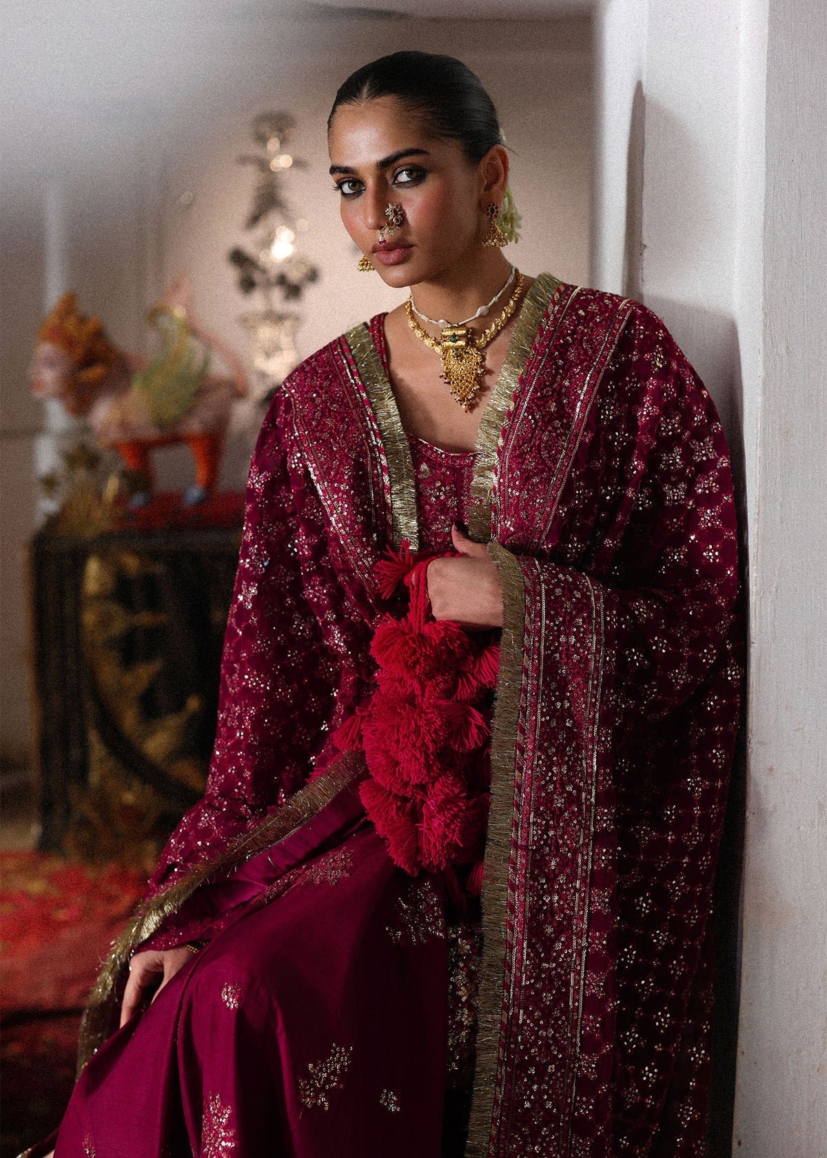 Hussain Rehar Gul Hand Embellished Organza Party Wear Suit - Four-Sided Embroidered Dupatta & Pallu Border | IQNAZ